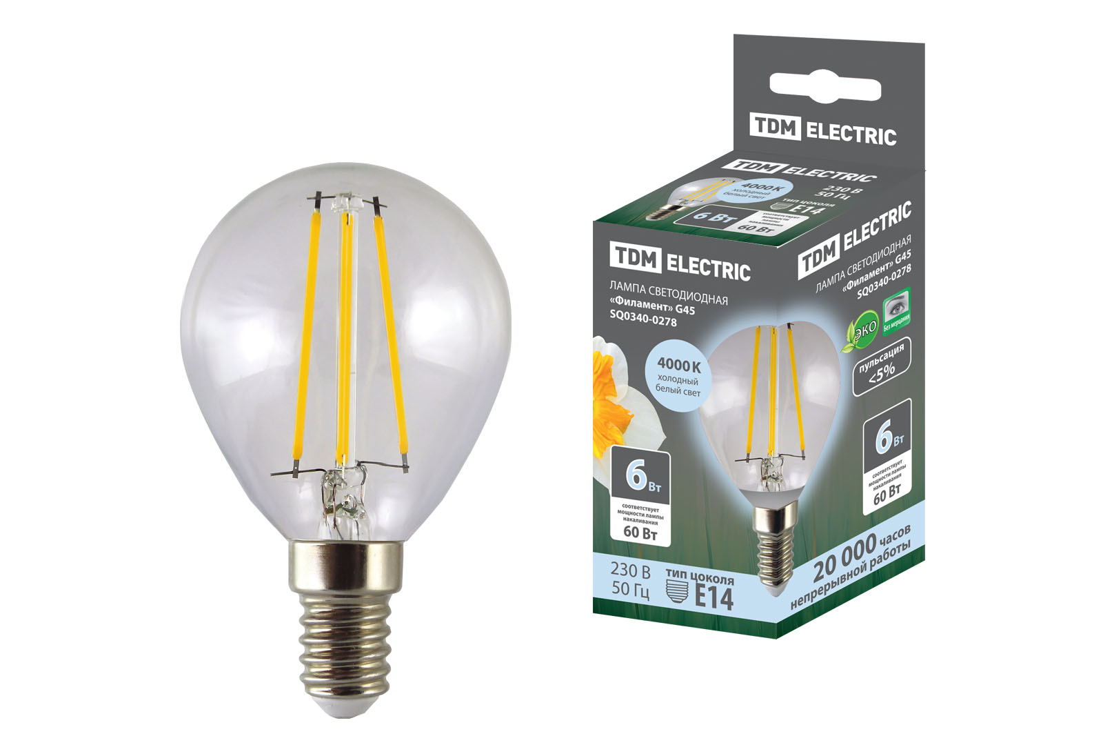 Лампа светодиодная TDM ELECTRIC "Филамент" G45-6 Вт-230 В-4000 К–E14