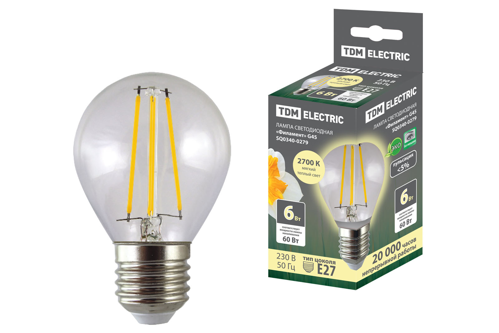Лампа светодиодная TDM ELECTRIC "Филамент" G45-6 Вт-230 В-2700 К–E27