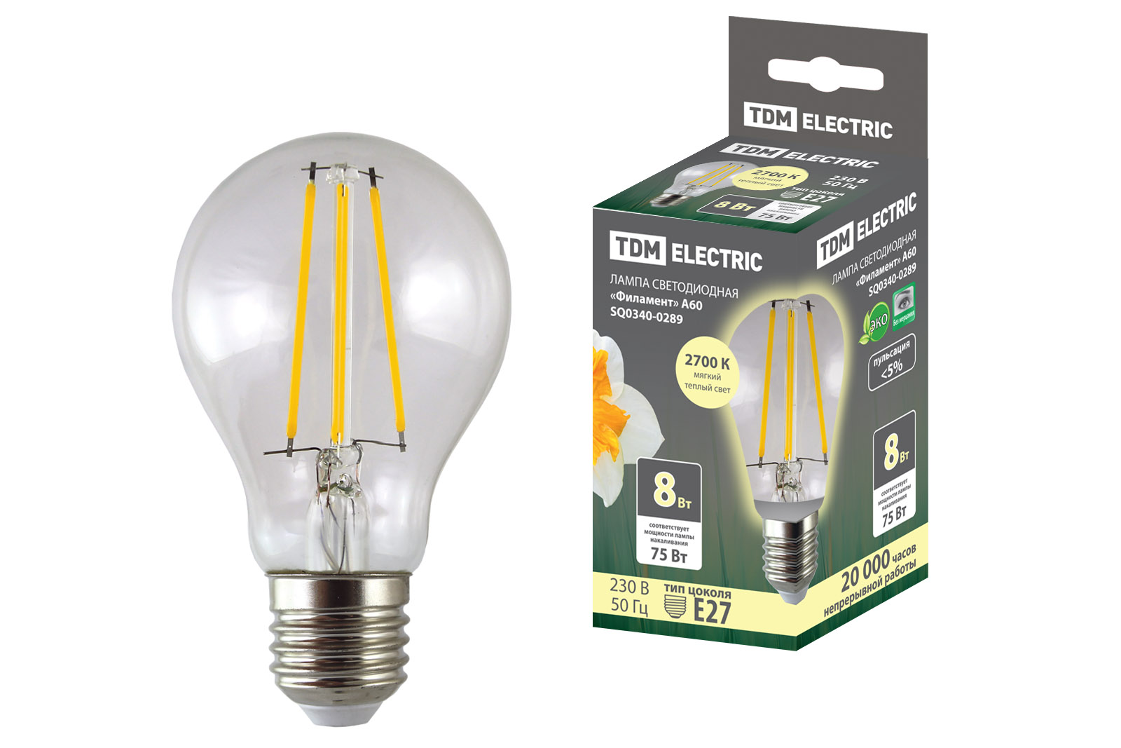 Лампа светодиодная TDM ELECTRIC "Филамент" А60-8 Вт-230 В-2700 К–E27