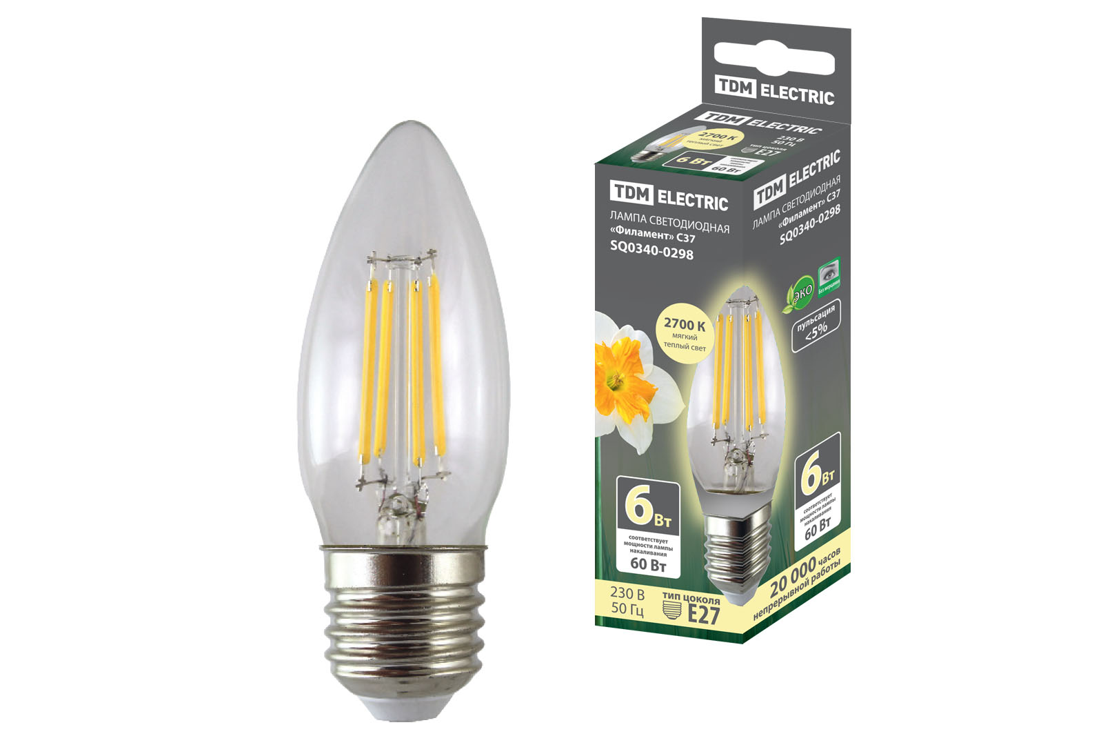 Лампа светодиодная TDM ELECTRIC "Филамент" С37-6 Вт-230 В-2700 К–E27