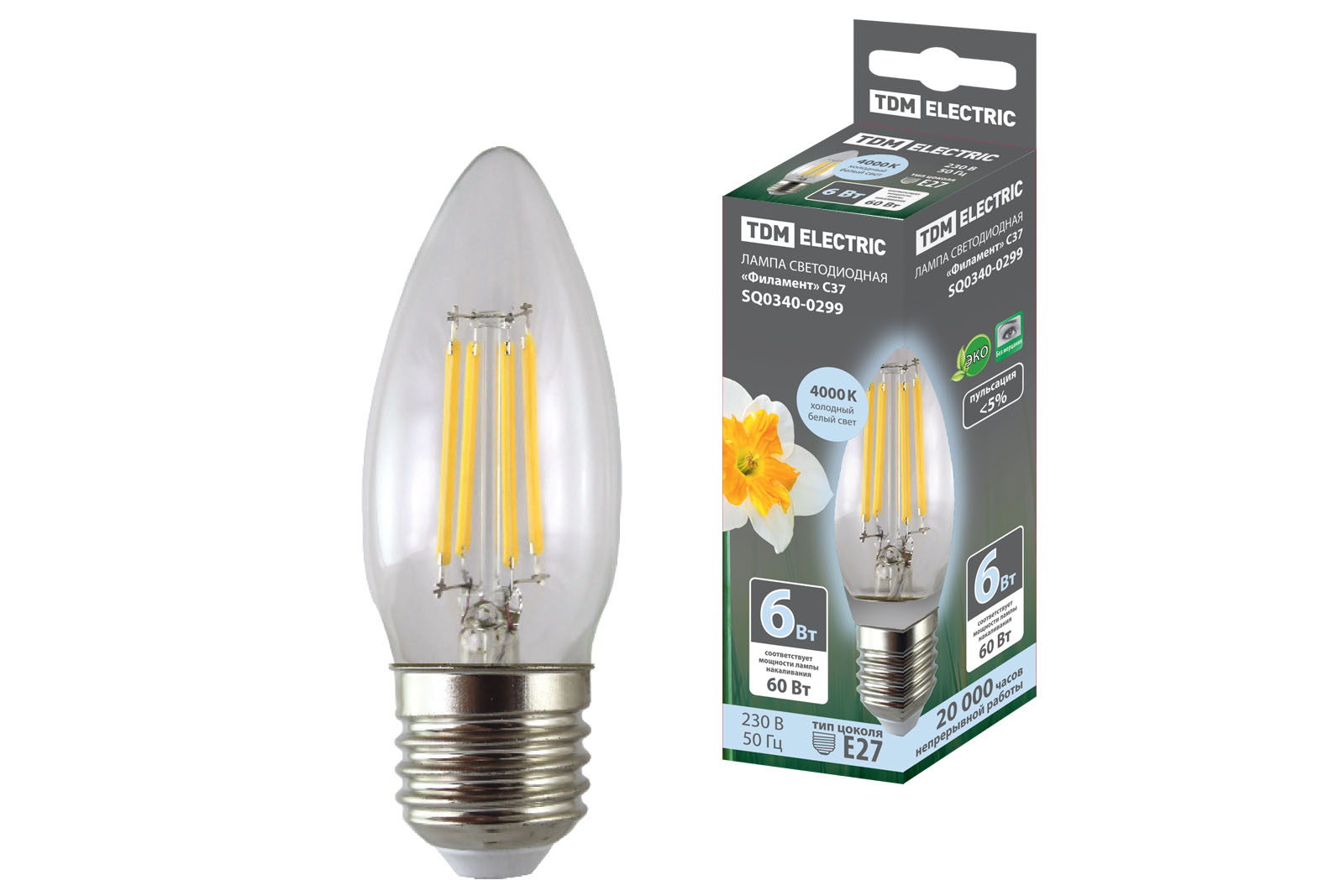 Лампа светодиодная TDM ELECTRIC "Филамент" С37-6 Вт-230 В-4000 К–E27