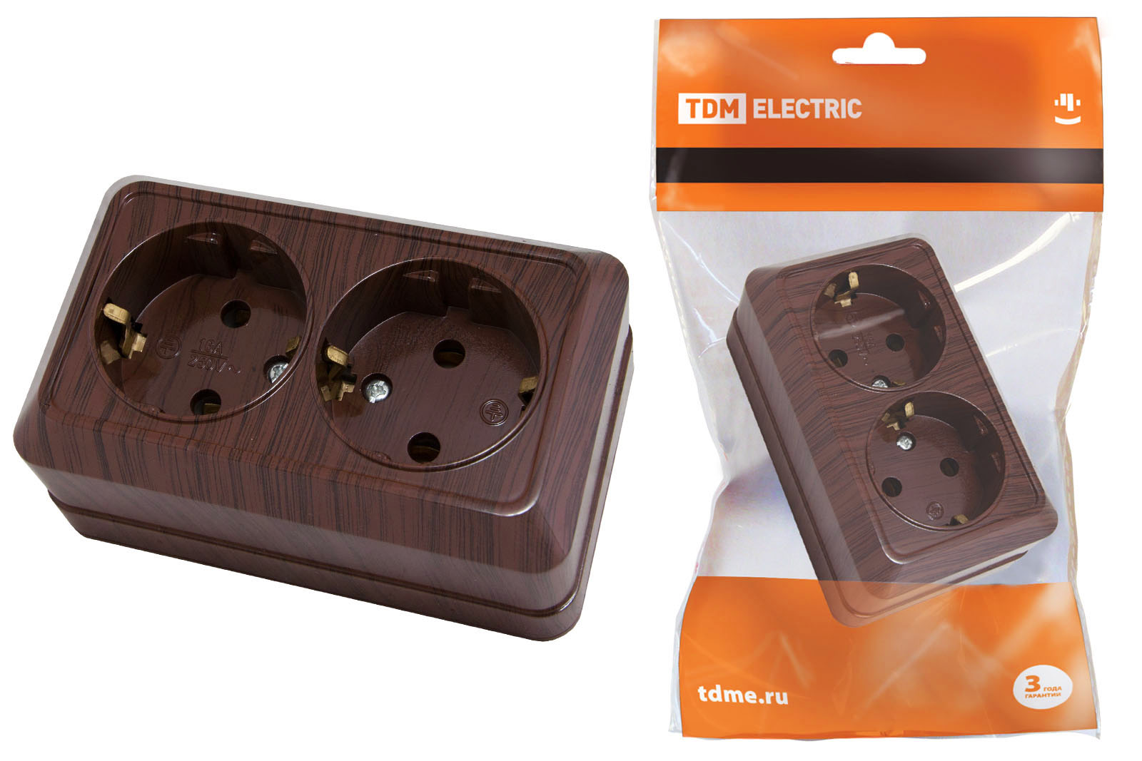 Розетка TDM ELECTRIC Ладога двойная 2П+З открытой установки IP20 16А бук