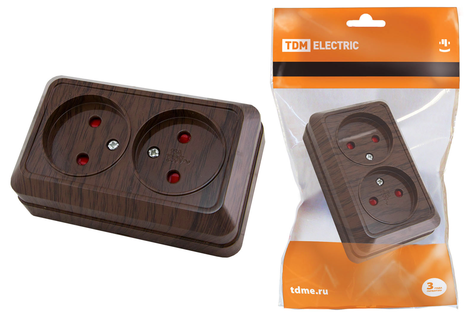 Розетка TDM ELECTRIC Ладога двойная 2П открытой установки с з/ш IP20 10А бук