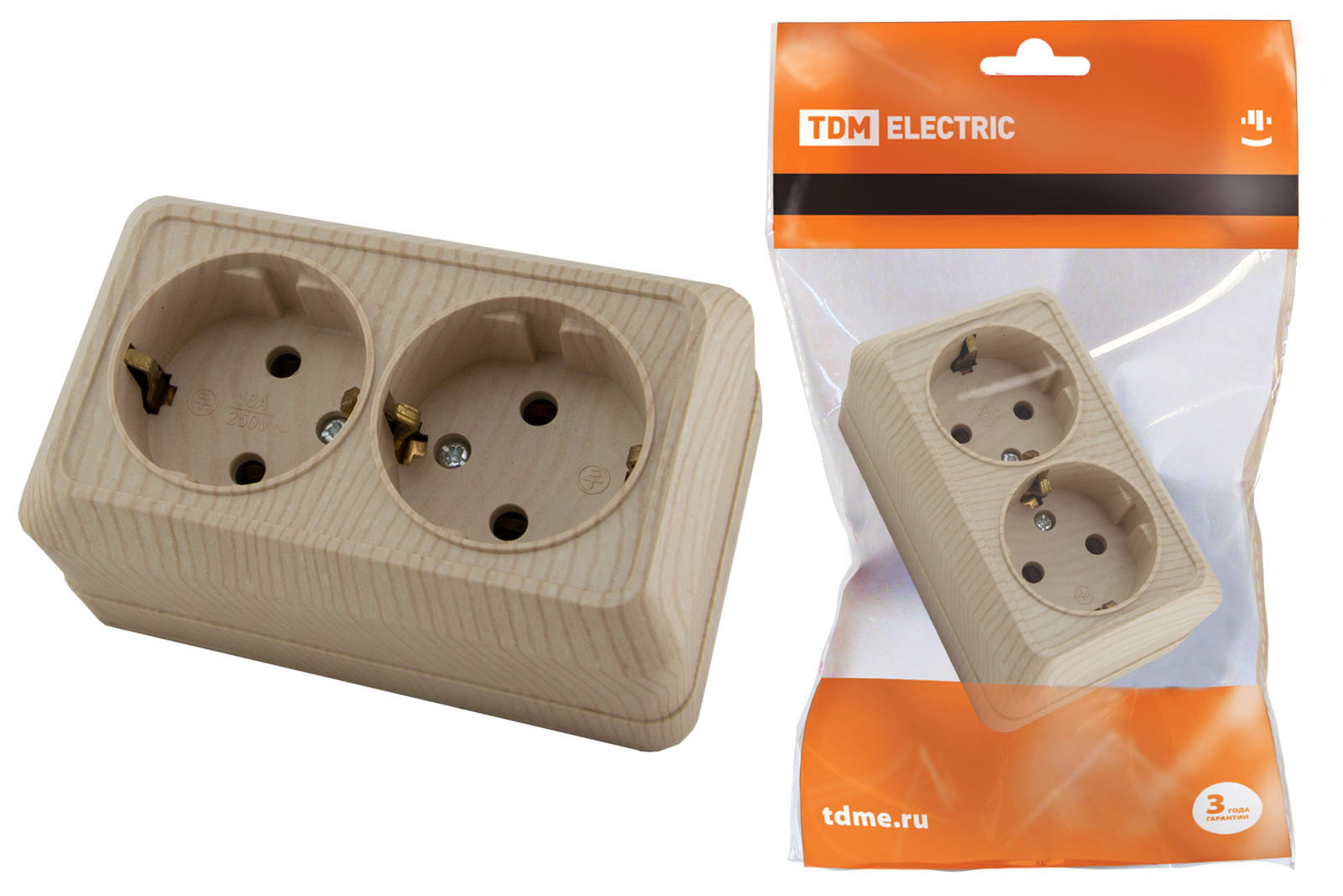 Розетка TDM ELECTRIC Ладога двойная 2П+З открытой установки IP20 16А сосна