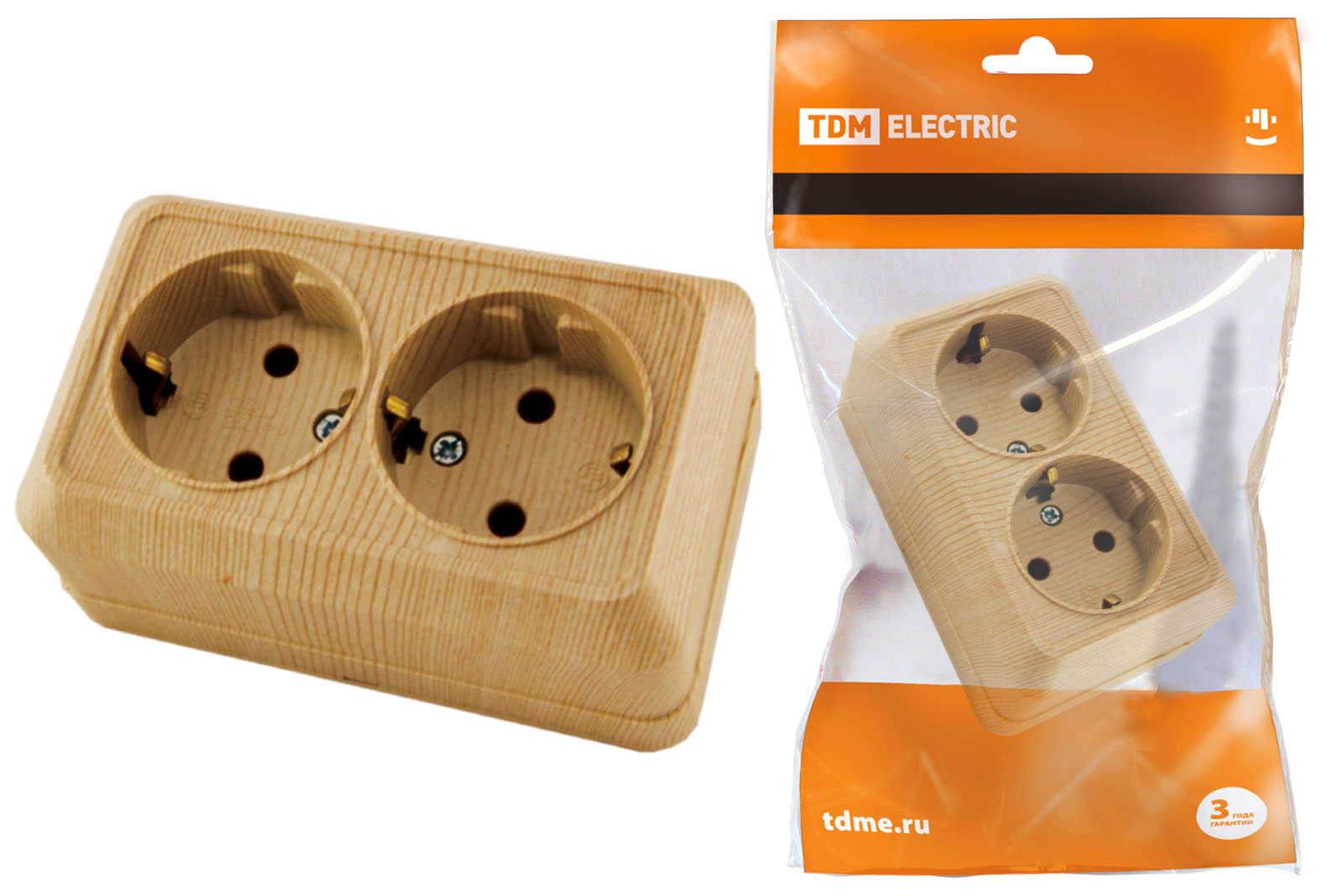 Розетка TDM ELECTRIC Ладога двойная 2П+3 открытой установки IP20 16А 250В (керамика) сосна