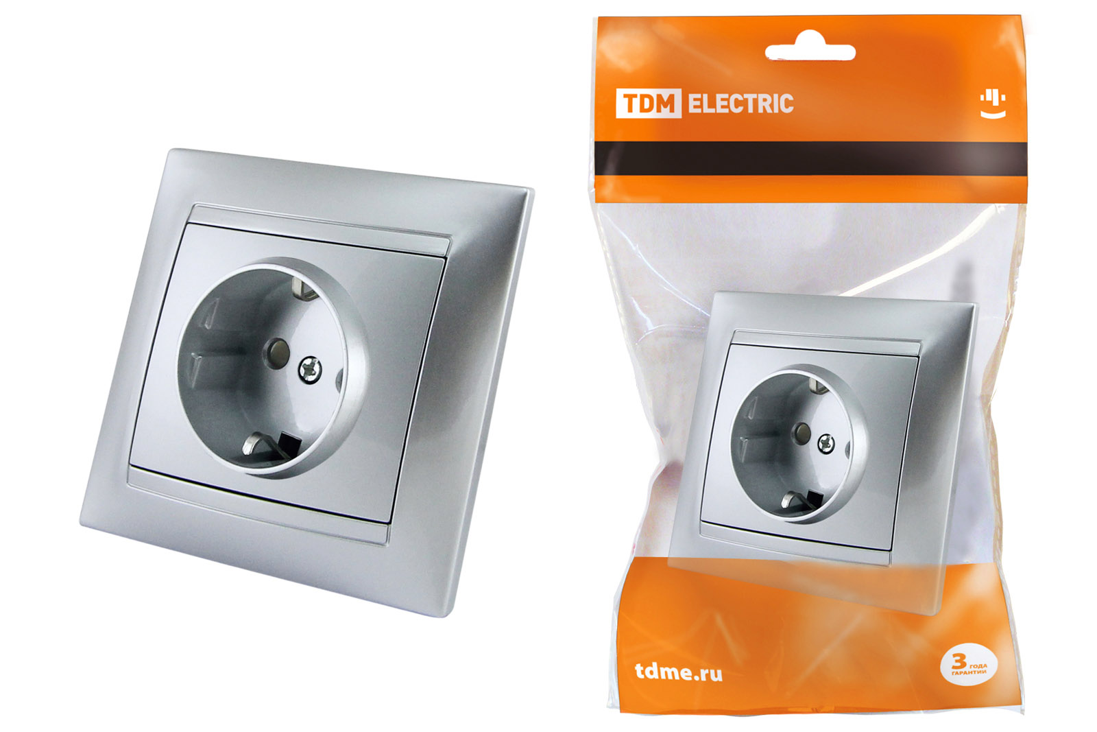 Розетка TDM ELECTRIC Лама 2П+З 16А 250В с защ. шт. серебр. металлик