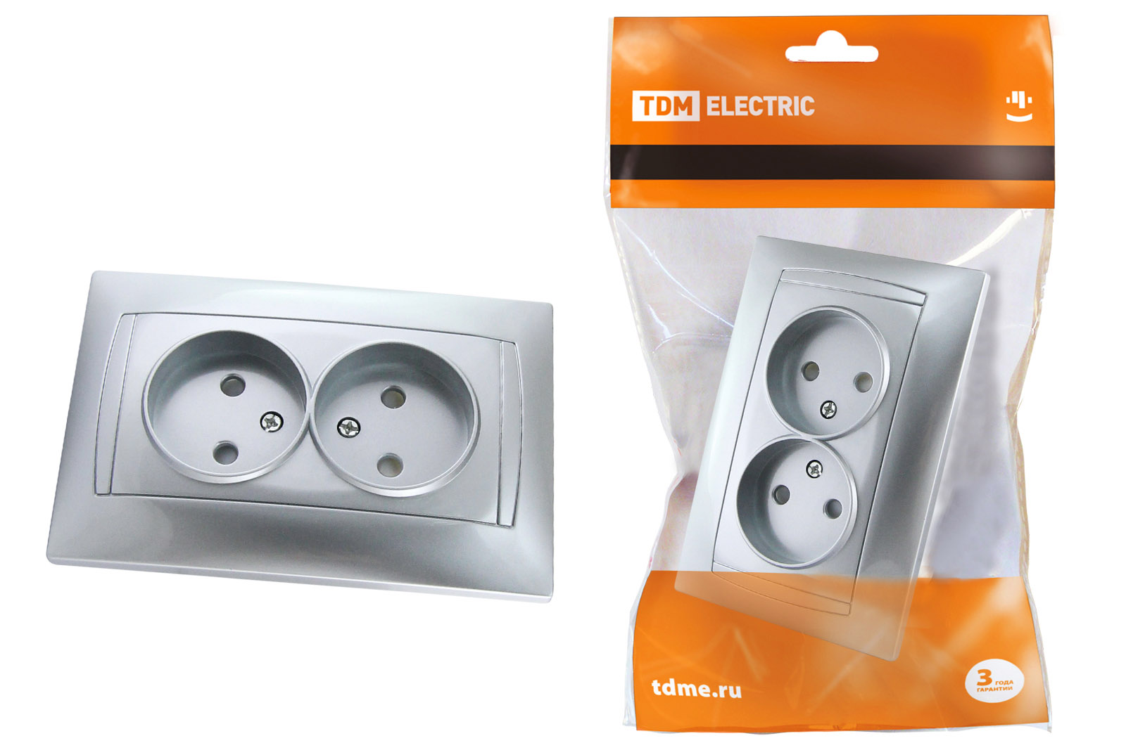 Розетка TDM ELECTRIC Лама двойная 2П 10А 250В с защ. шт. серебр. металлик