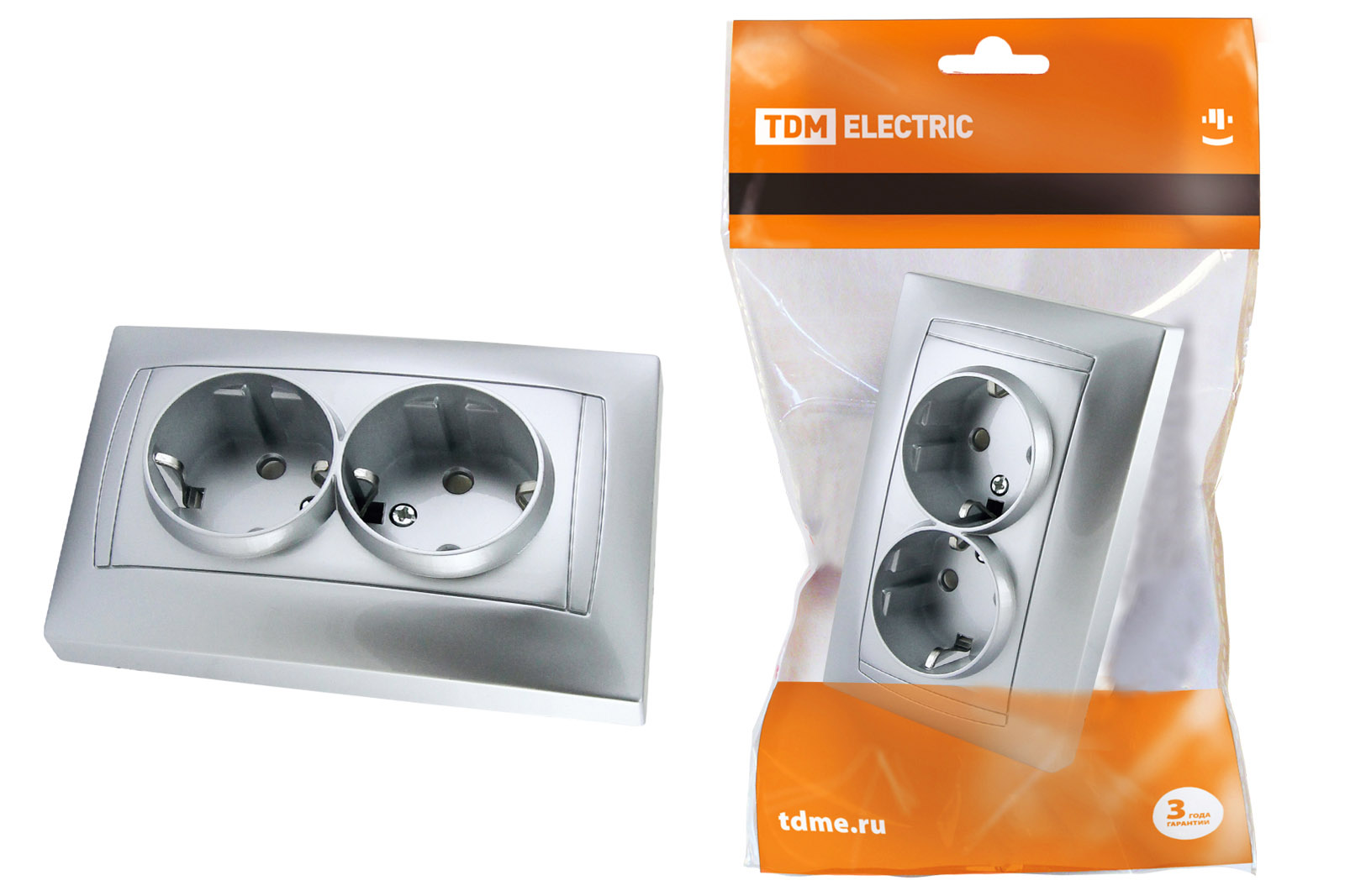 Розетка TDM ELECTRIC Лама двойная 2П+З 16А 250В с защ. шт. серебр. металлик купить с доставкой по РФ