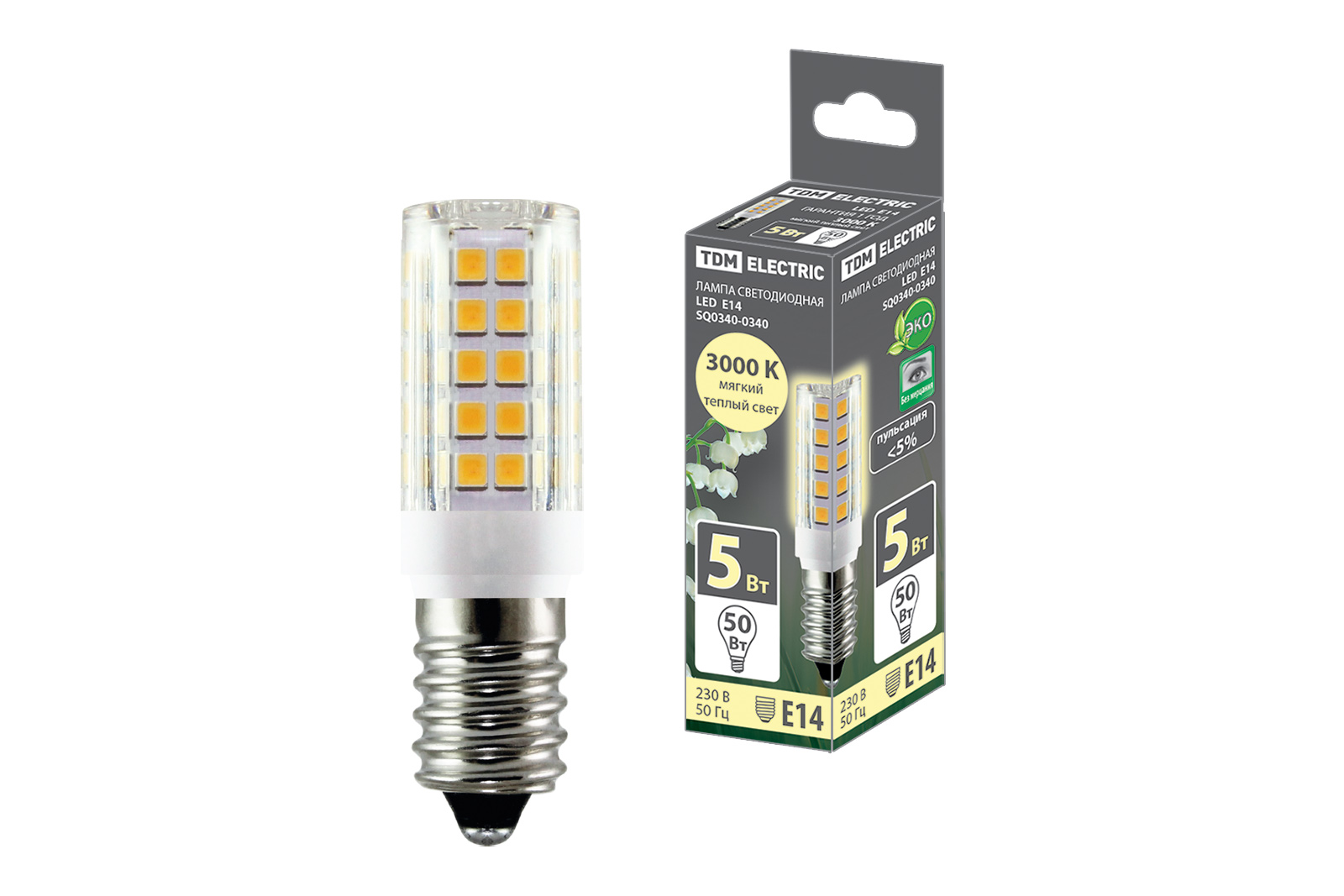 Лампа светодиодная TDM ELECTRIC Е14-5 Вт-230 В-3000 К, SMD, 16x54 мм