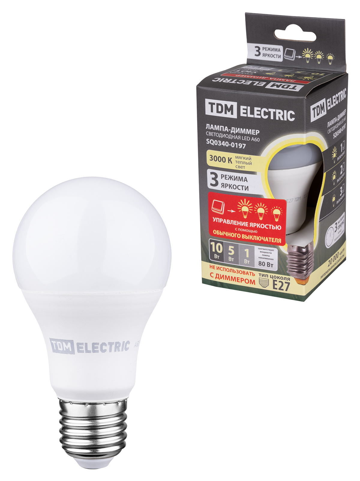 Лампа светодиодная TDM ELECTRIC LED "Лампа-ДИММЕР" А60 - 10 Вт-230 В -3000 К–E27