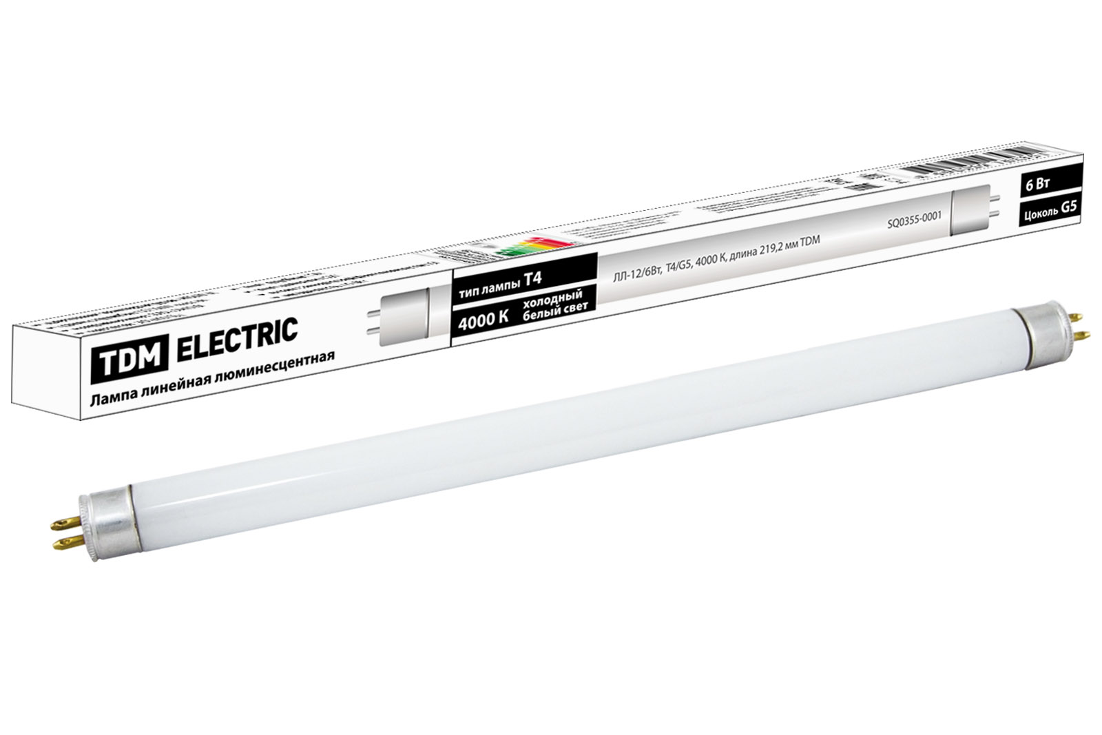 Лампа люминесцентная линейная двухцокольная TDM ELECTRIC ЛЛ-12/6Вт T4/G5, 4000 К