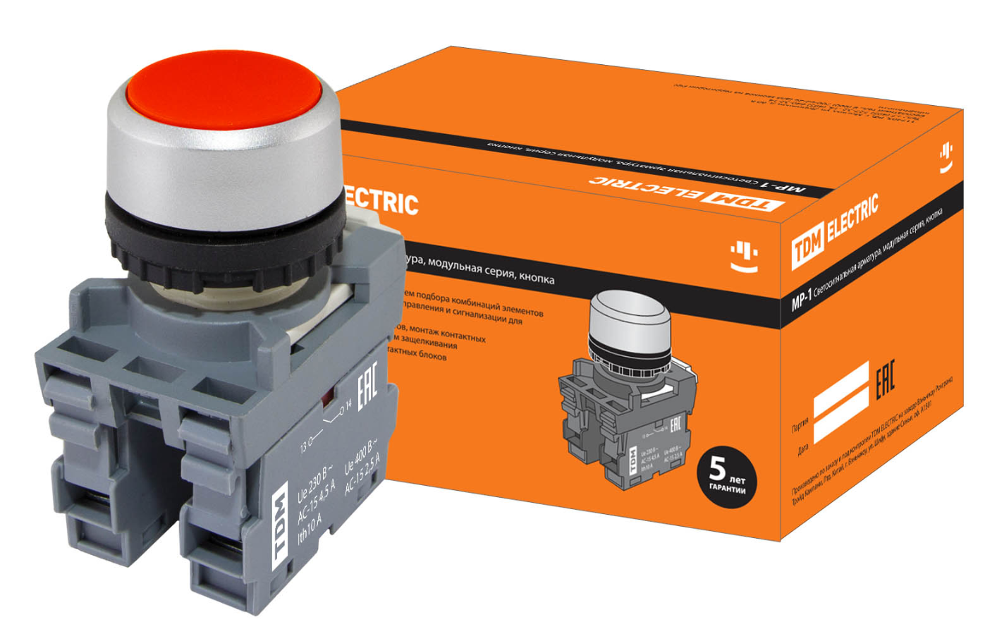 Кнопка TDM MP1-20R в сборе d22мм 1з+1р красная