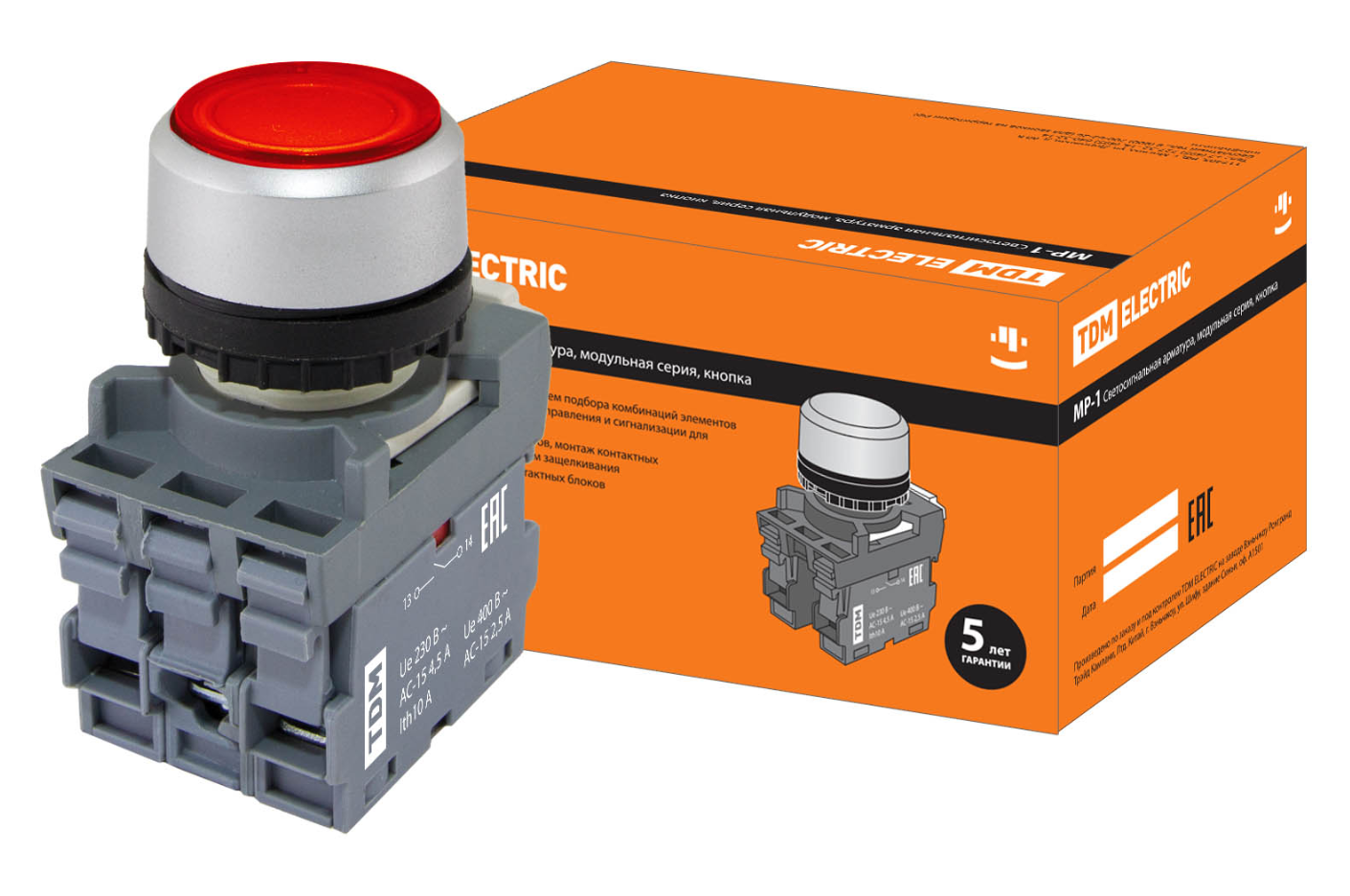 Кнопка TDM MP1-21R(LED) в сборе d22мм/24В 1з+1р красная купить с доставкой по РФ