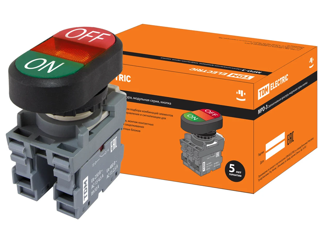 Кнопка двойная TDM MPD3-11R (зеленая/красная) (LED) в сборе d22мм/24В (ON/OFF) линза красная