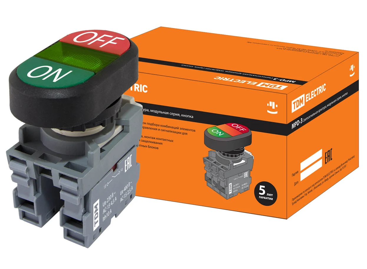 Кнопка двойная TDM MPD3-11G (зеленая/красная) (LED) в сборе d22мм/24В (ON/OFF) линза зеленая купить с доставкой по РФ