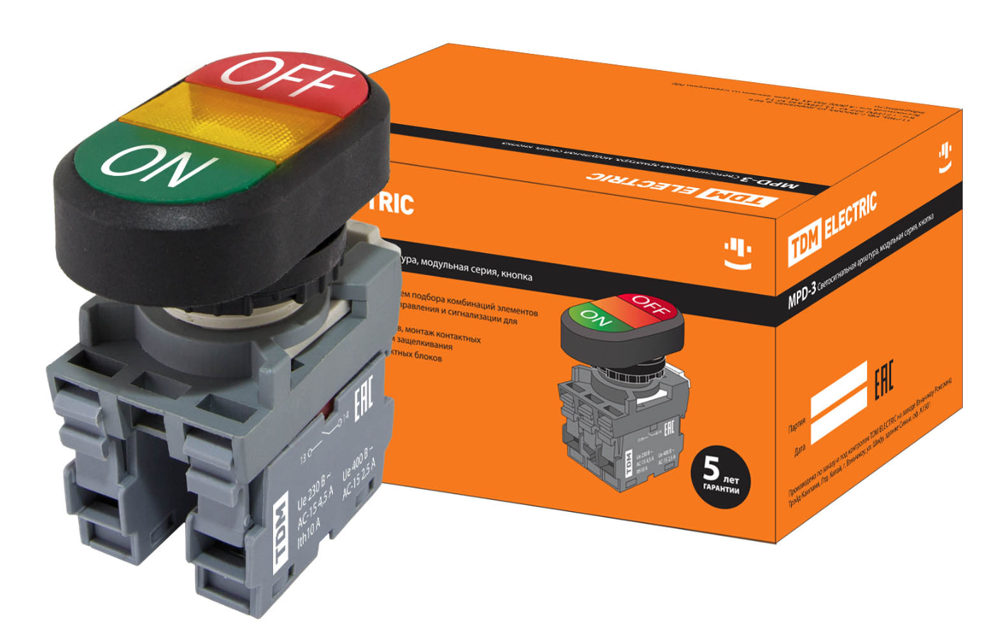 Кнопка двойная TDM MPD3-11Y (зеленая/красная) (LED) в сборе d22мм/24В (ON/OFF) линза желтая купить с доставкой по РФ