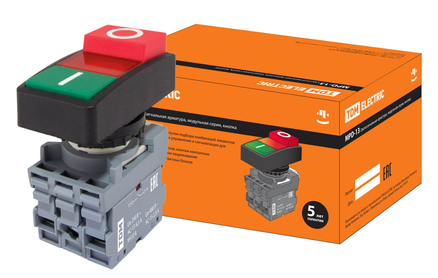 Кнопка двойная TDM MPD13-11R (зеленая/красная-выступающая) (LED) d22мм/220В (I/O) линза красная