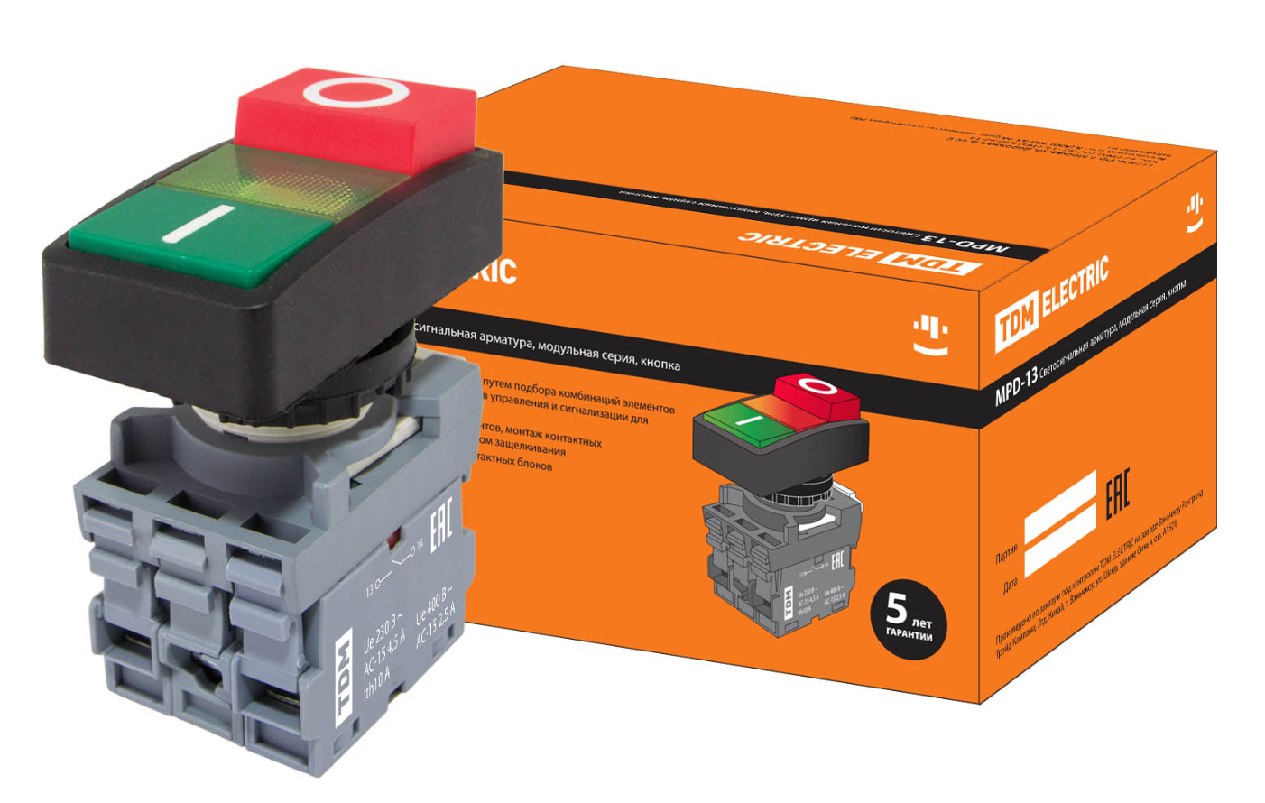 Кнопка двойная TDM MPD13-11G (зеленая/красная-выступающая) (LED) d22мм/24В (I/O) линза зеленая