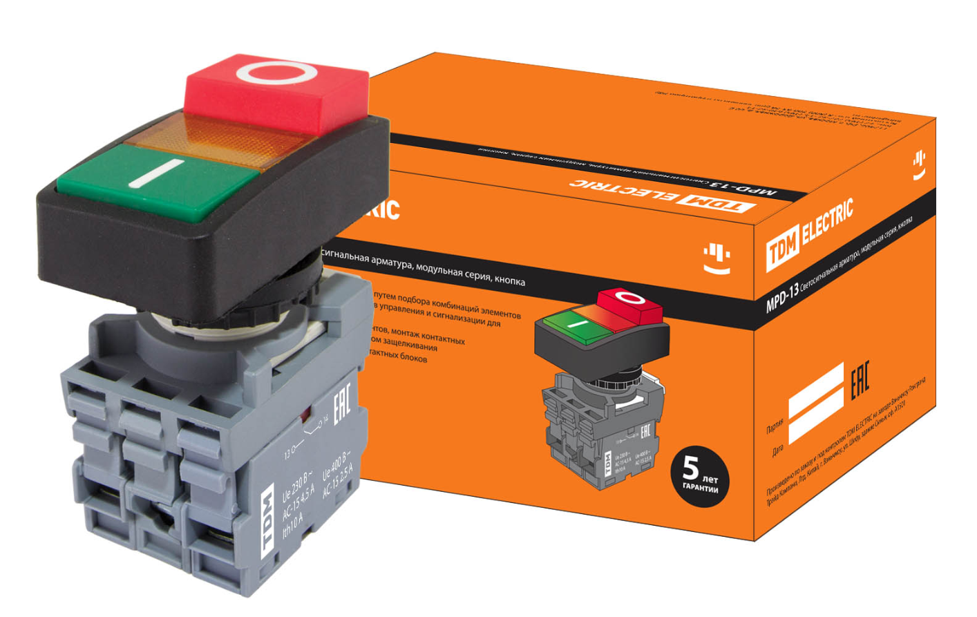 Кнопка двойная TDM MPD13-11Y (зеленая/красная-выступающая) (LED) d22мм/24В (I/O) линза желтая