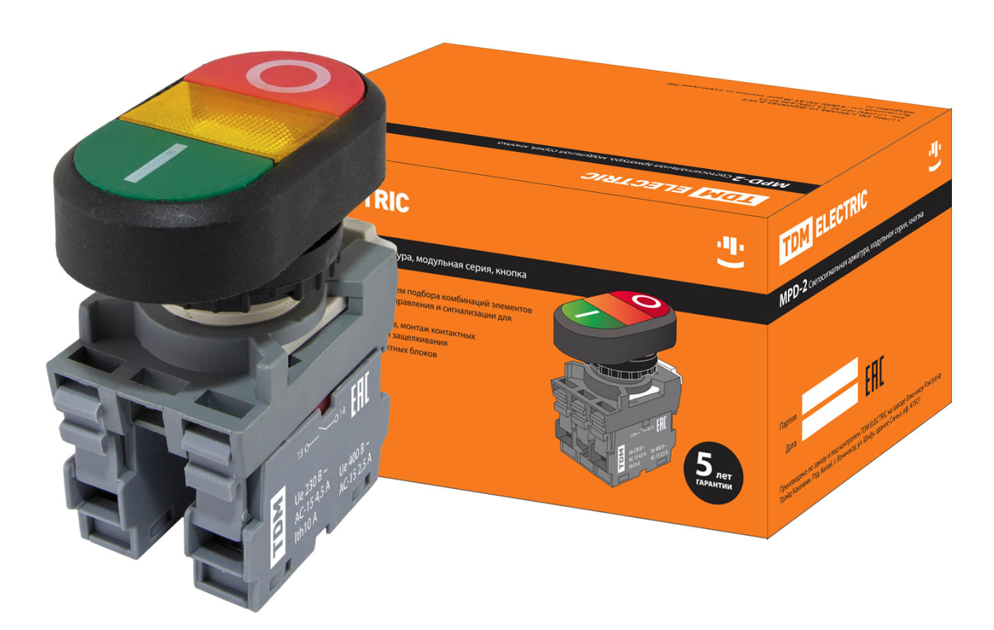 Кнопка двойная TDM MPD2-11Y (зеленая/красная) (LED) в сборе d22мм/220В (I/O) линза желтая
