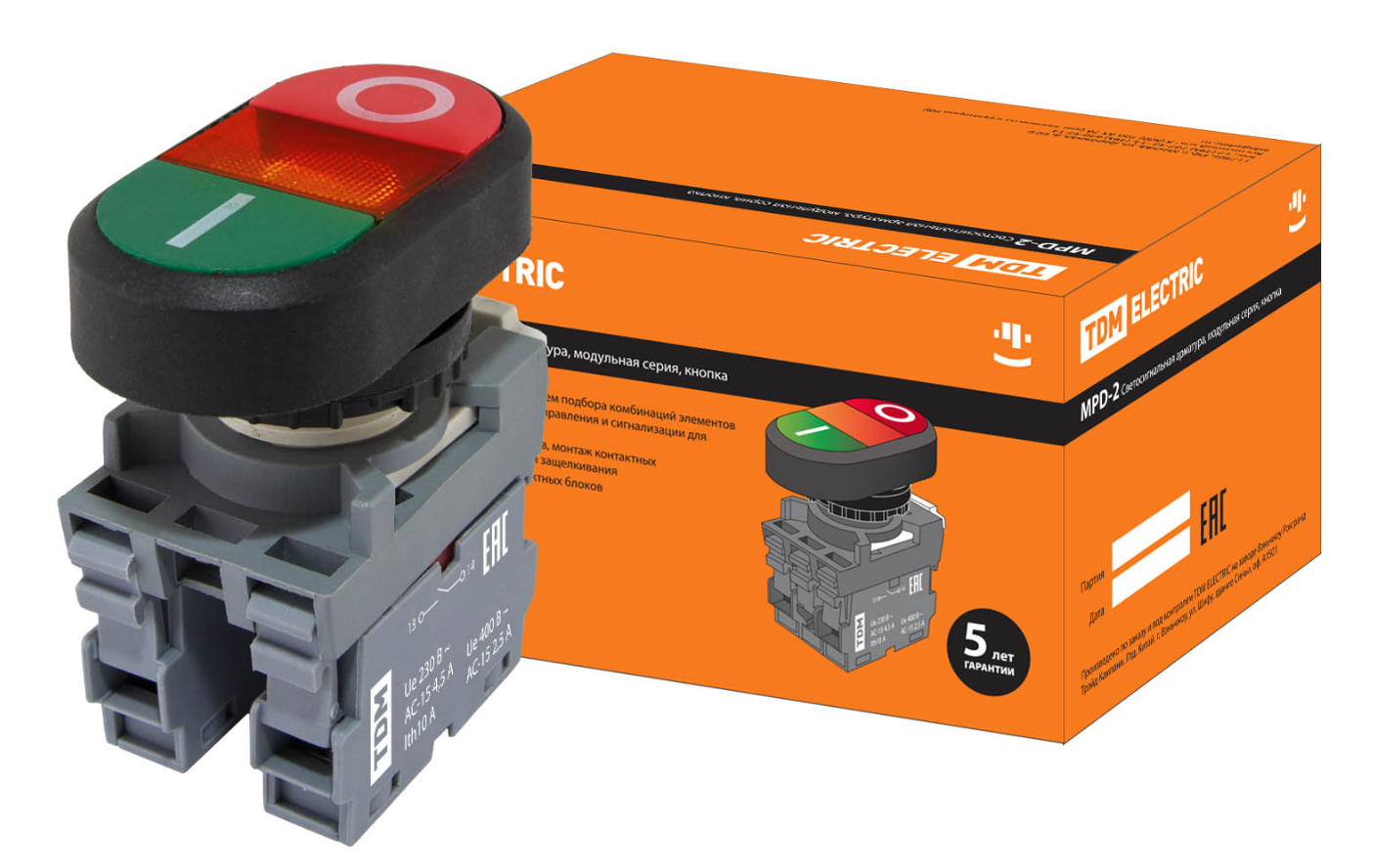 Кнопка двойная TDM MPD2-11R (зеленая/красная) (LED) в сборе d22мм/24В (I/O) линза красная