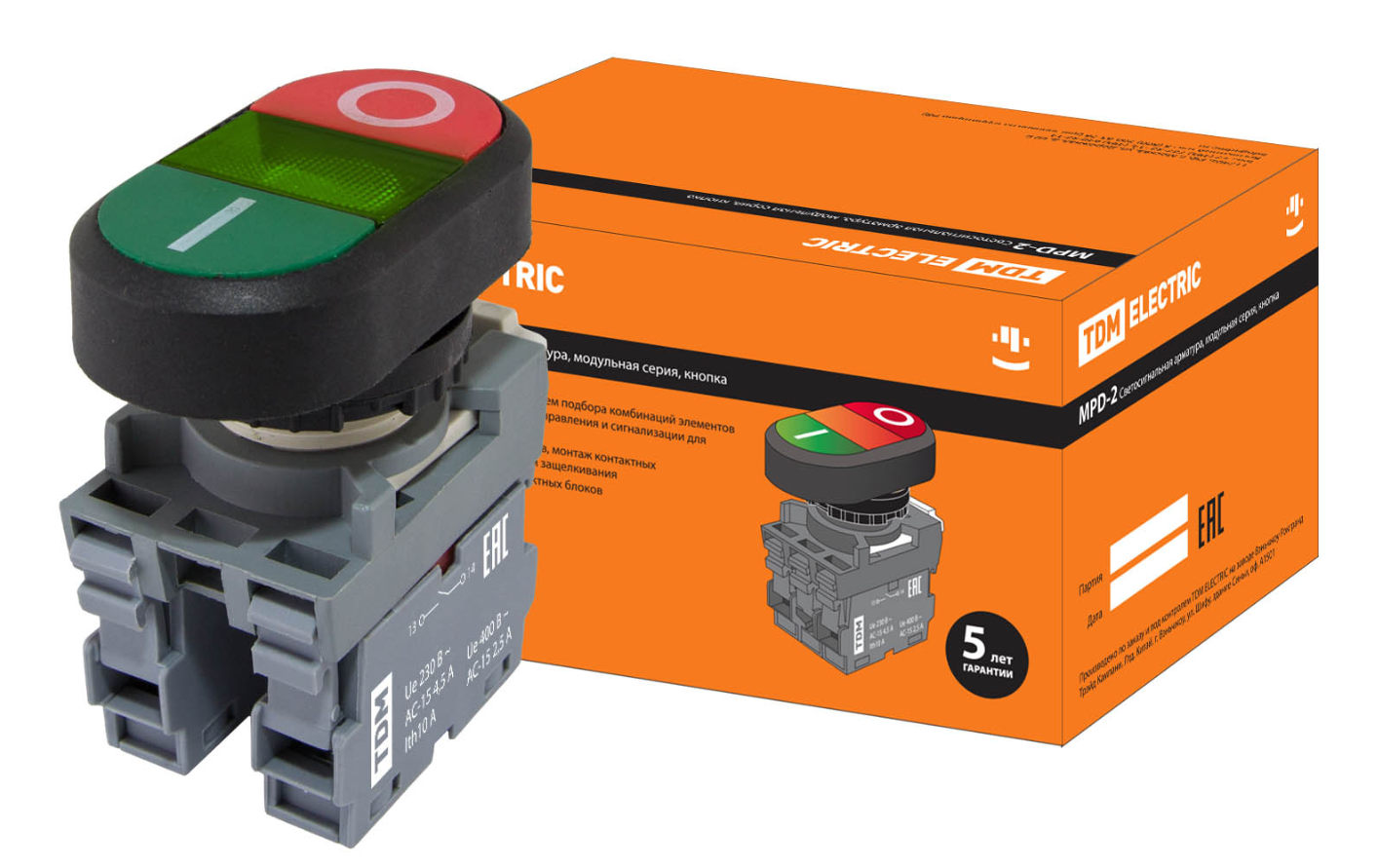 Кнопка двойная TDM MPD2-11G (зеленая/красная) (LED) в сборе d22мм/24В (I/O) линза зеленая