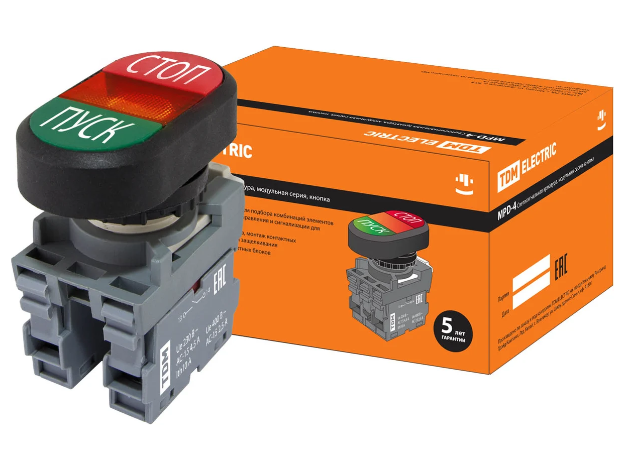 Кнопка двойная TDM MPD4-11R (зеленая/красная) (LED) в сборе d22мм/220В (ПУСК/СТОП) линза красная