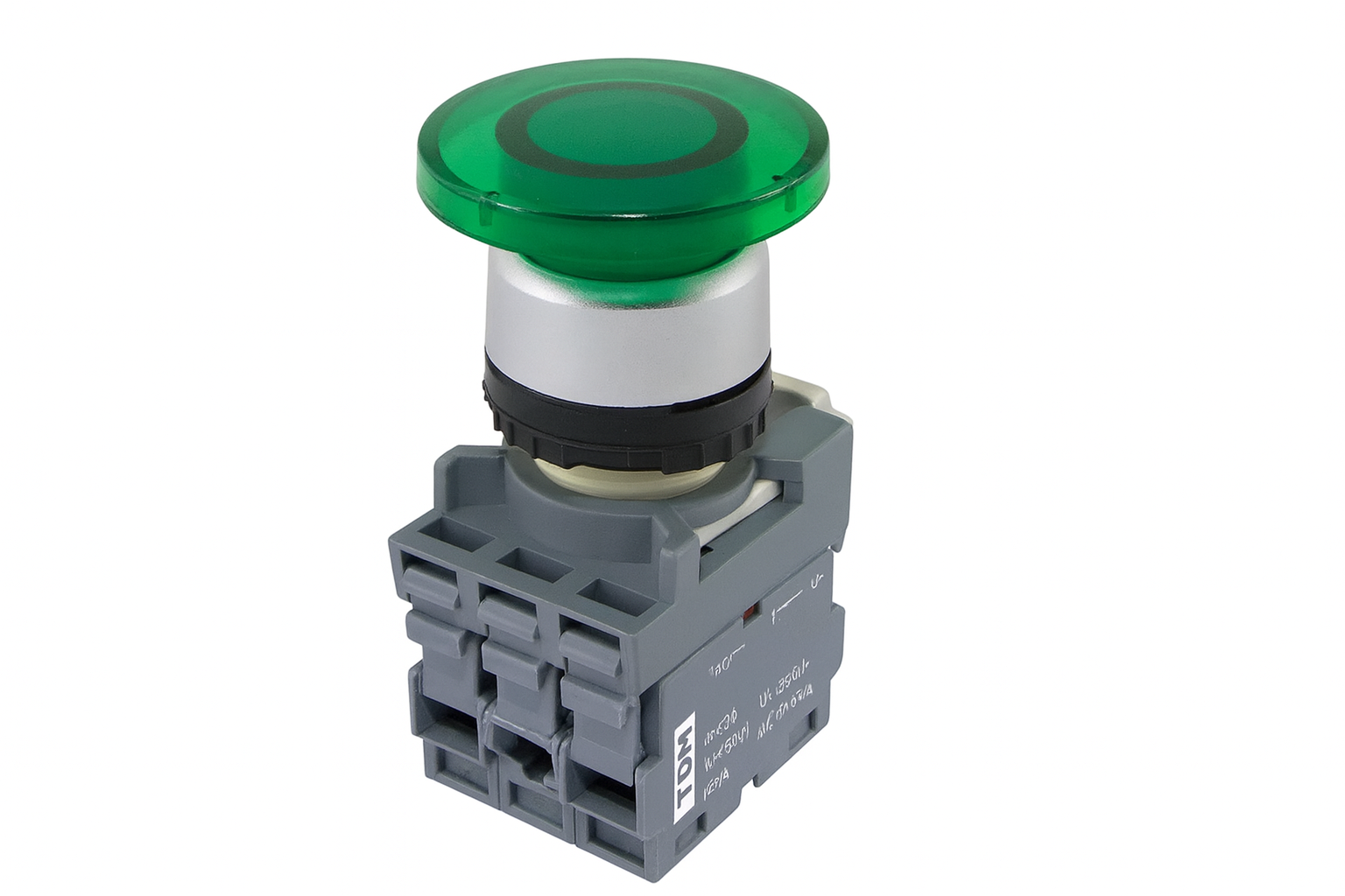 Кнопка грибовидная TDM МРМ1-11G(LED) в сборе d40мм/220B 1з+1р зеленая