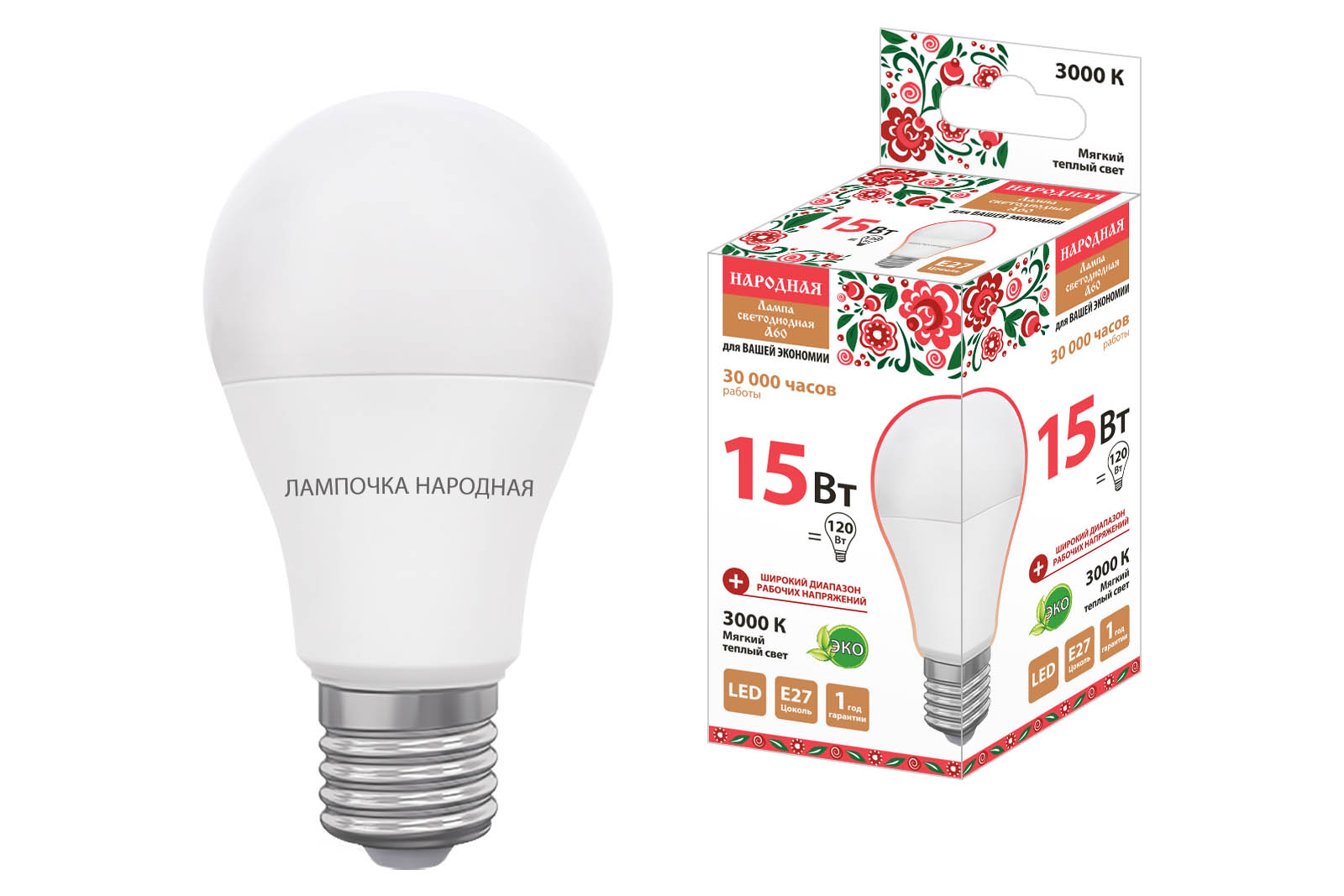 Лампа светодиодная TDM ELECTRIC Народная НЛ-LED-A60-15 Вт-230 В-3000 К-Е27, (60х112 мм)