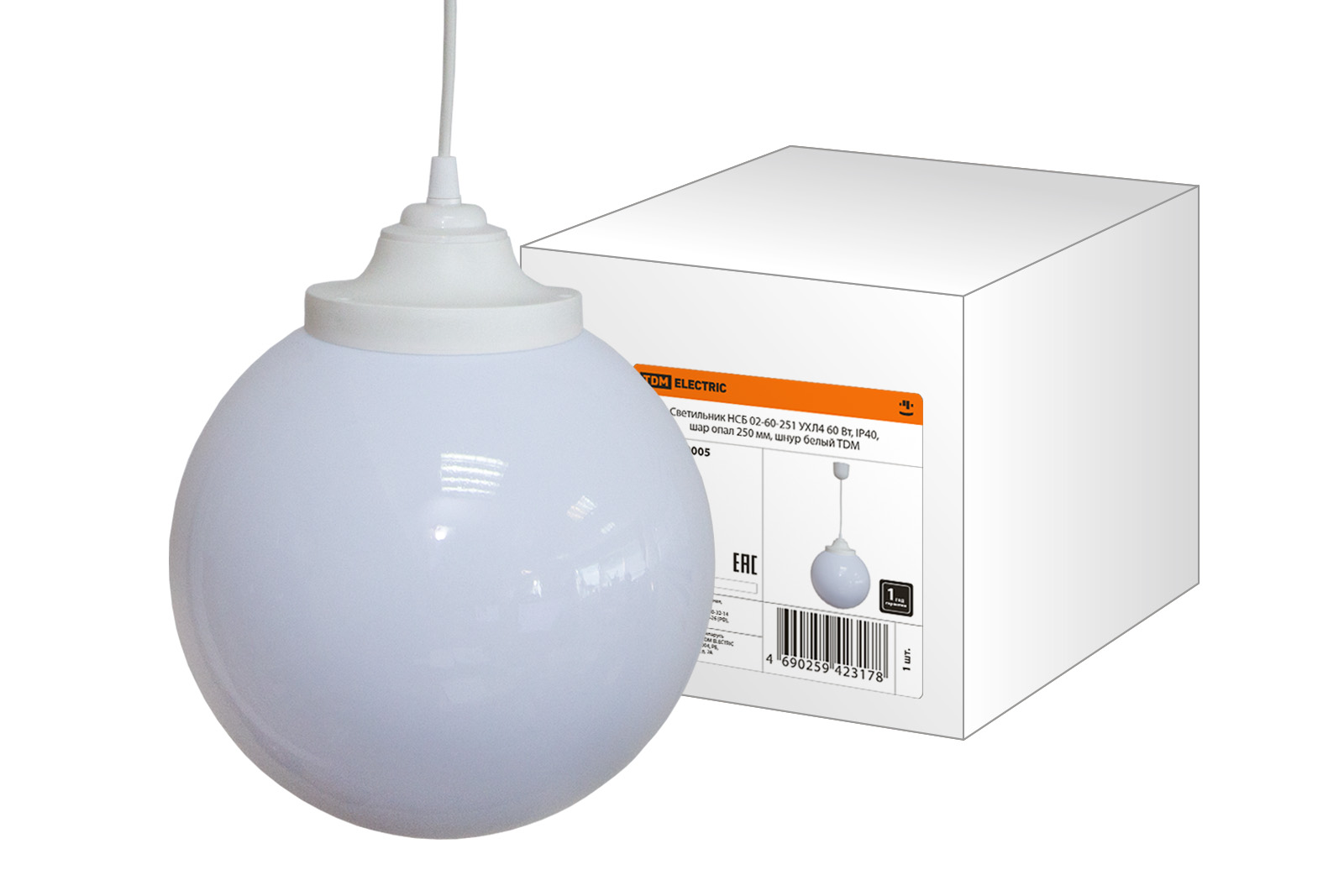 Светильник TDM ELECTRIC НСБ 02-60-251 УХЛ4 60 Вт, IP40, шар опал 250 мм, шнур белый