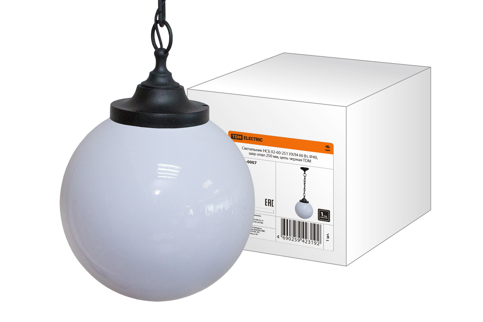 Светильник TDM ELECTRIC НСБ 02-60-251 УХЛ4 60 Вт, IP40, шар опал 250 мм, цепь черная