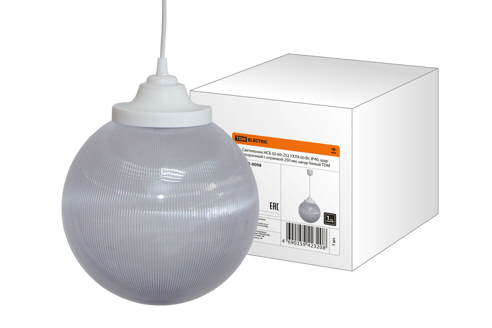 Светильник TDM ELECTRIC НСБ 02-60-252 УХЛ4 60 Вт, IP40, шар прозрачный с огранкой 250 мм, шнур белый купить с доставкой по РФ