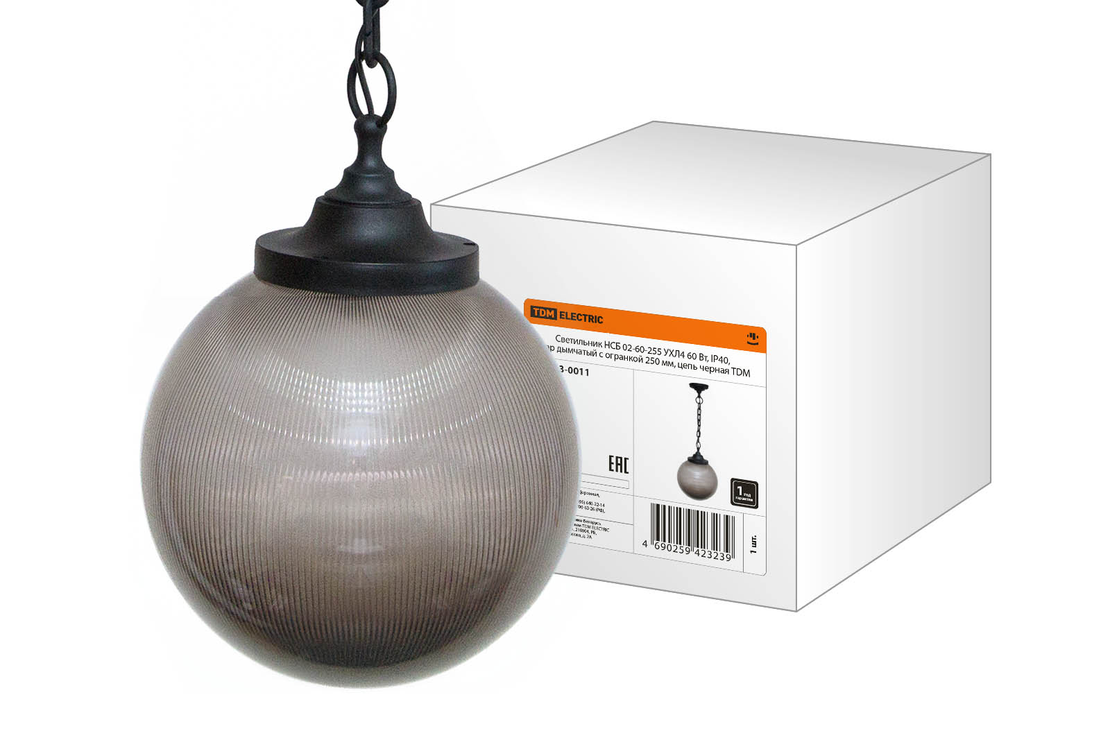 Светильник TDM ELECTRIC НСБ 02-60-255 УХЛ4 60 Вт, IP40, шар дымчатый с огранкой 250 мм, цепь черная