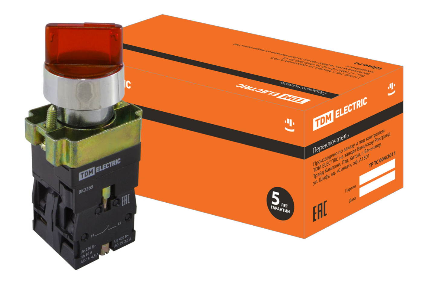 Переключатель 2 положения TDM SB2-BK2465 с фиксацией, 1НО+1НЗ, d22 мм, 230 В LED, красный, IP40