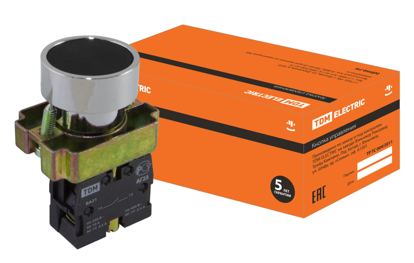 Кнопка TDM SB2-BА21 с возвратом, 1НО, d22 мм, черная, IP40