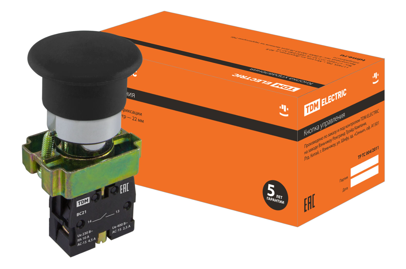 Кнопка грибовидная TDM SB2-BС21 с возвратом, 1НО, d22 мм, черная, IP40