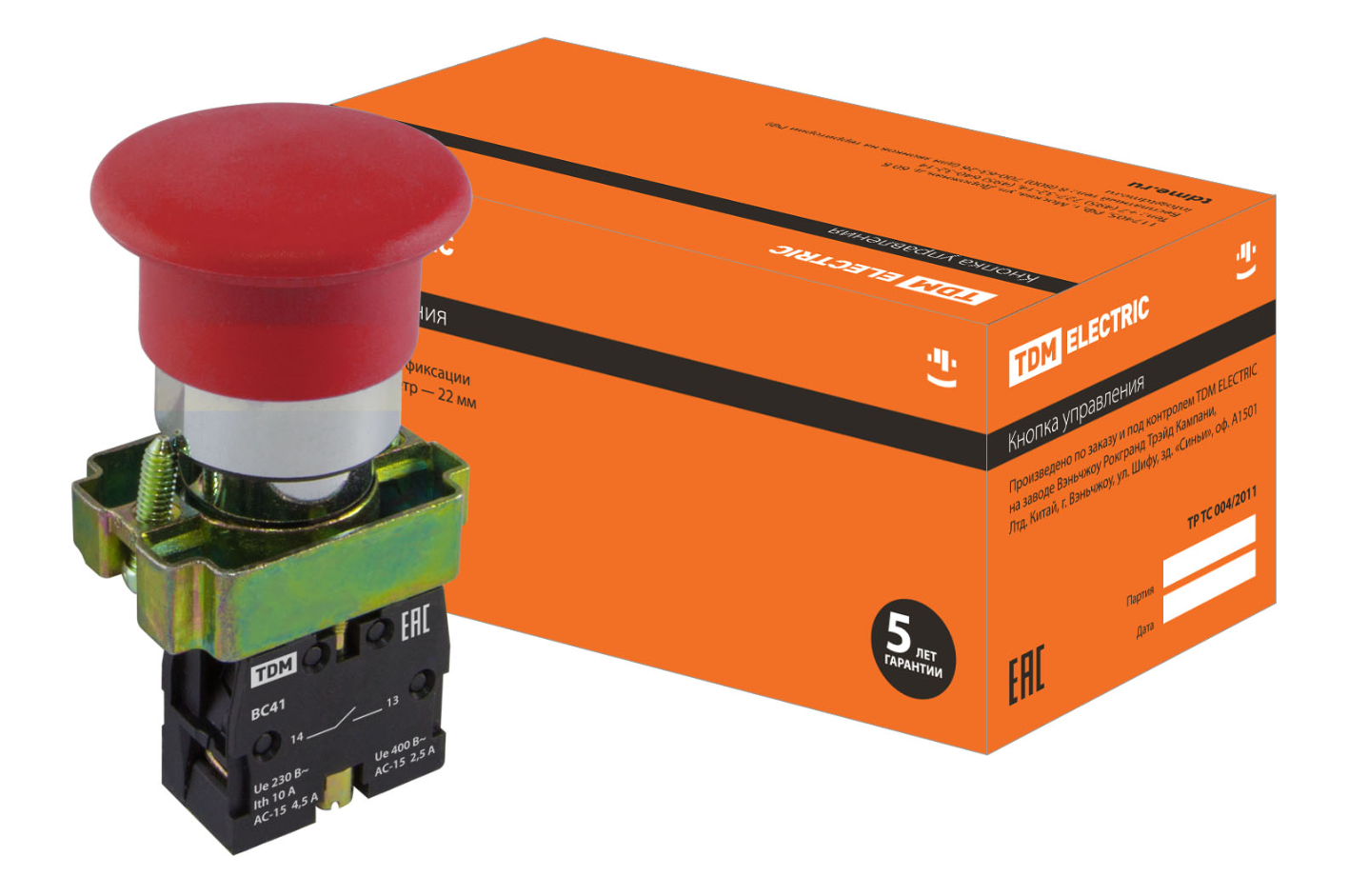 Кнопка грибовидная TDM SB2-BС41 с возвратом, 1НО, d22 мм, красная, IP40