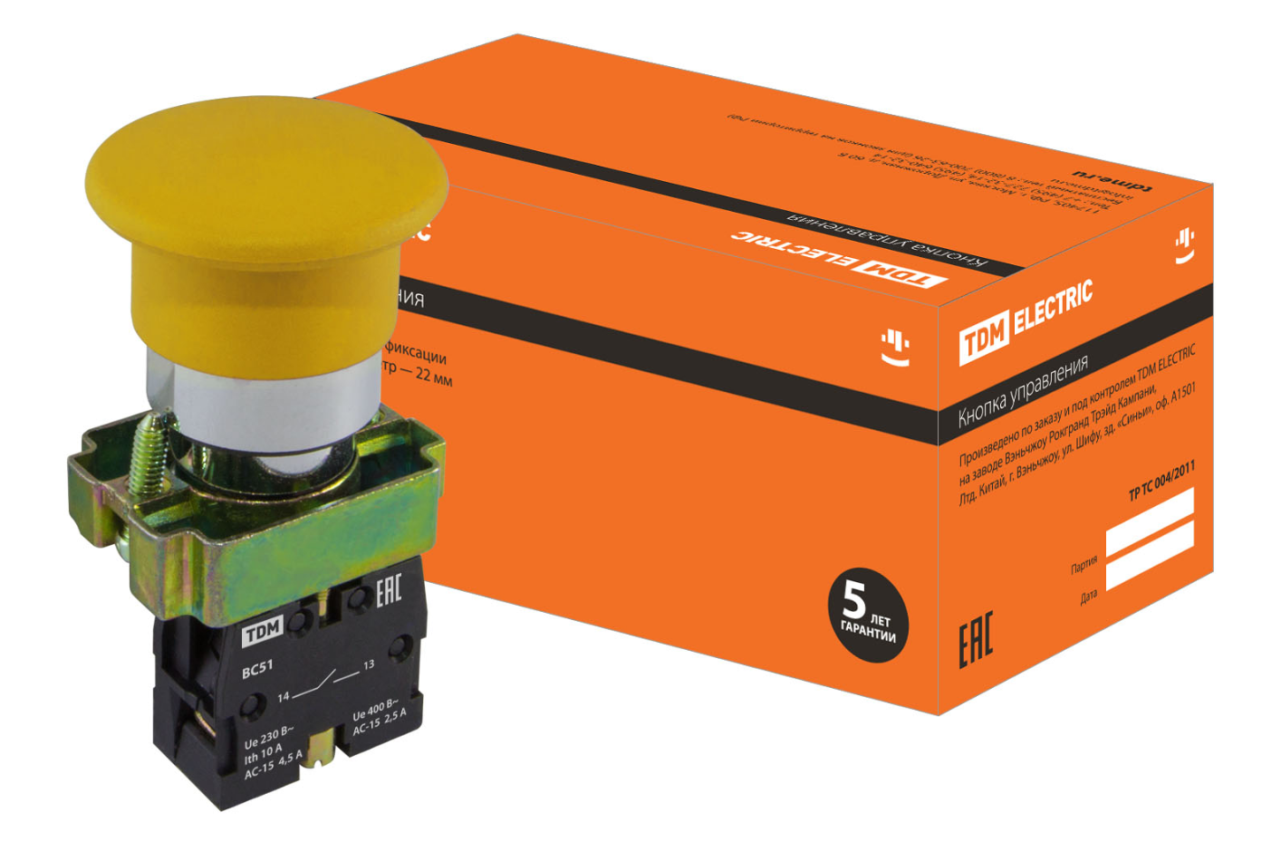 Кнопка грибовидная TDM SB2-BС51 с возвратом, 1НО, d22 мм, желтая, IP40