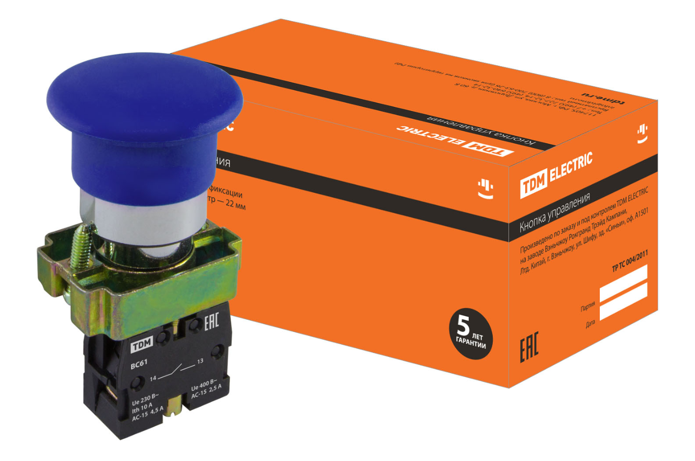 Кнопка грибовидная TDM SB2-BС61 с возвратом, 1НО, d22 мм, синяя, IP40