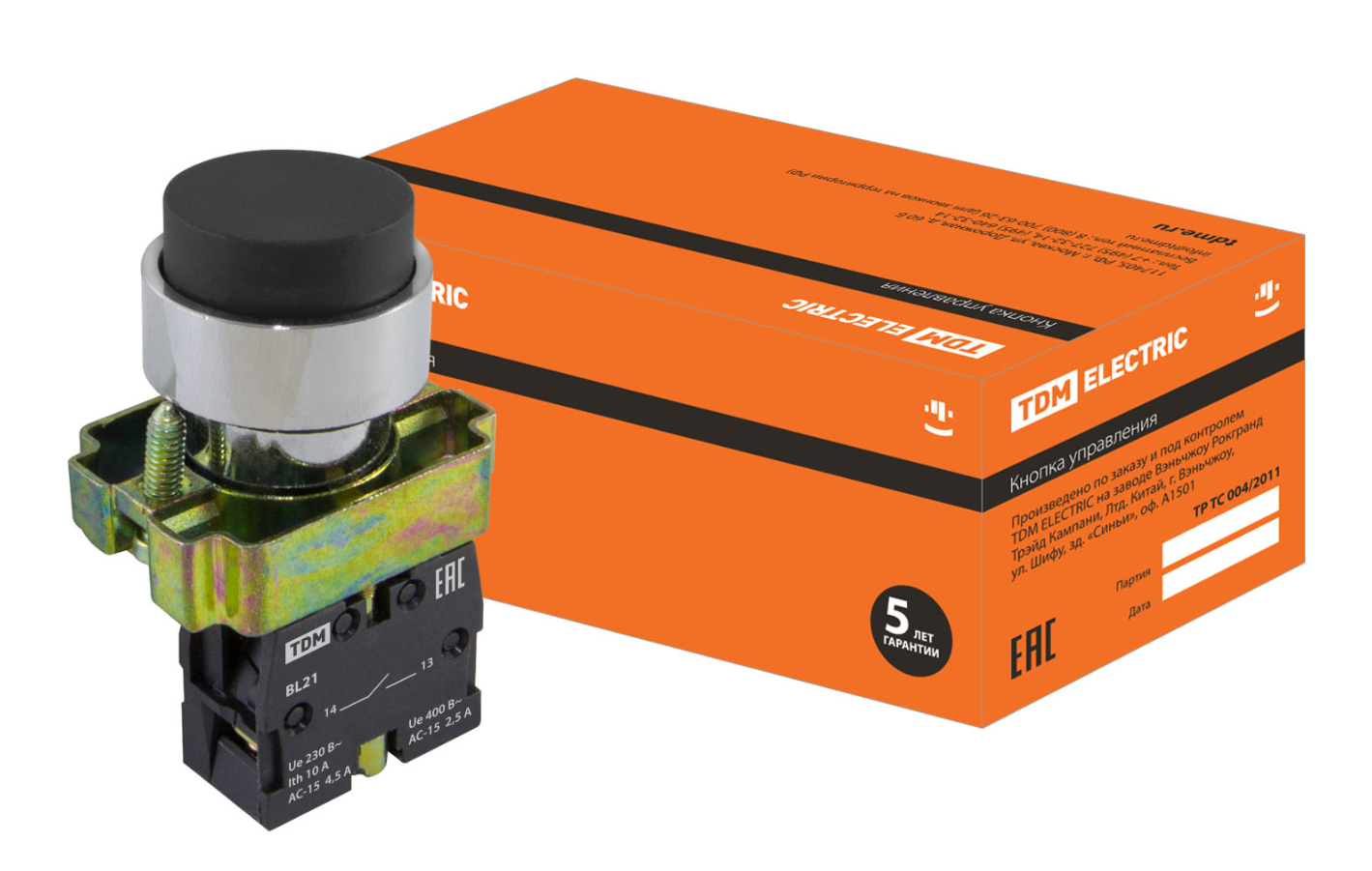 Кнопка TDM SB2-BL21 с возвратом, 1НО, d22 мм, черная, IP40