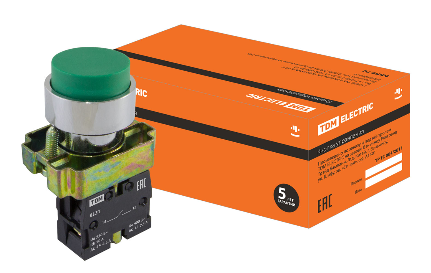 Кнопка TDM SB2-BL31 с возвратом, 1НО, d22 мм, зеленая, IP40
