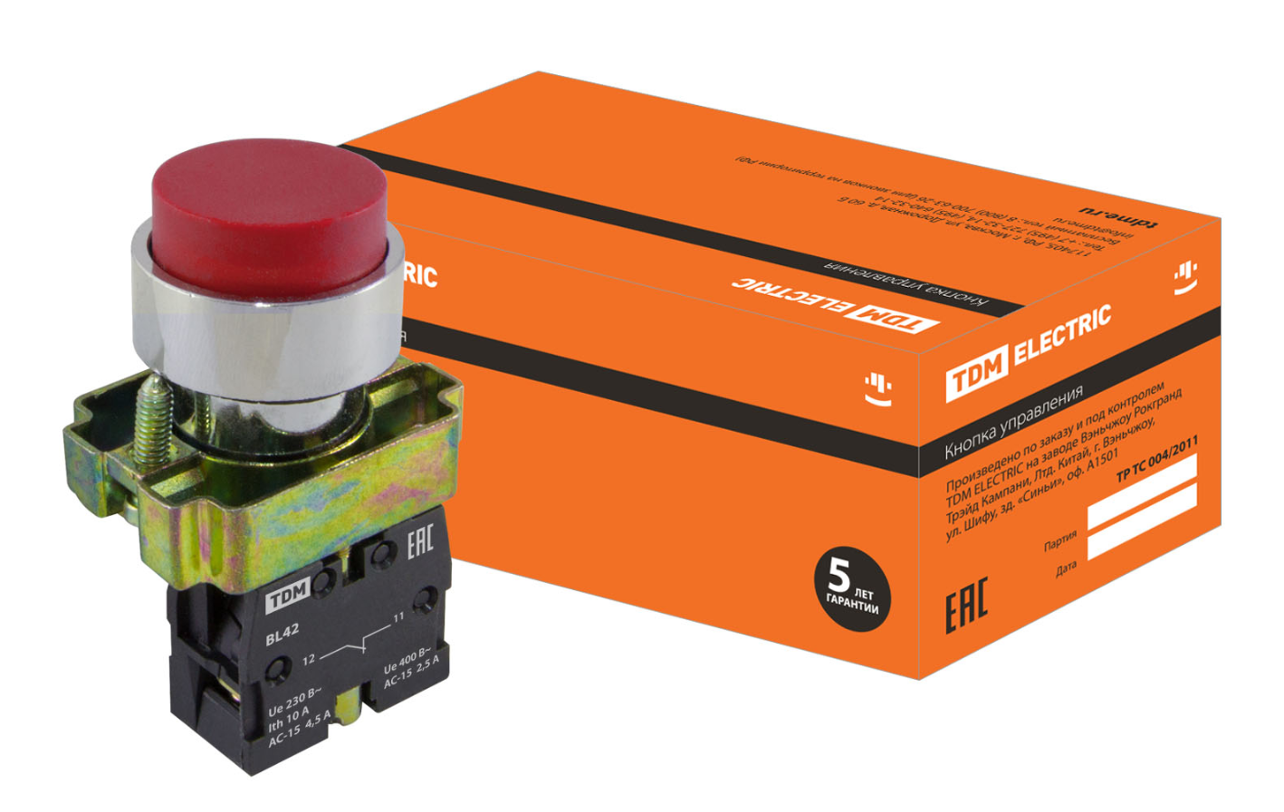 Кнопка TDM SB2-BL42 с возвратом, 1НЗ, d22 мм, красная, IP40