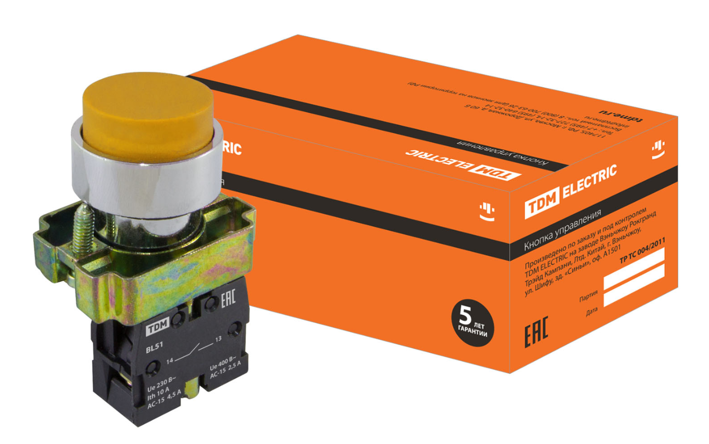 Кнопка TDM SB2-BL51 с возвратом, 1НО, d22 мм, желтая, IP40