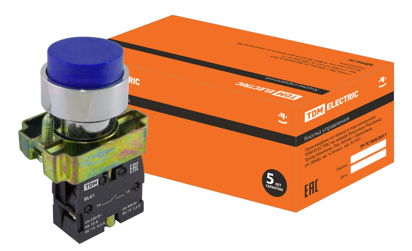 Кнопка TDM SB2-BL61 с возвратом, 1НО, d22 мм, синяя, IP40