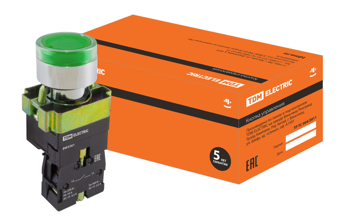 Кнопка TDM SB2-BW3361 с возвратом, 1НО, d22 мм, 230 В LED, зеленая, IP40