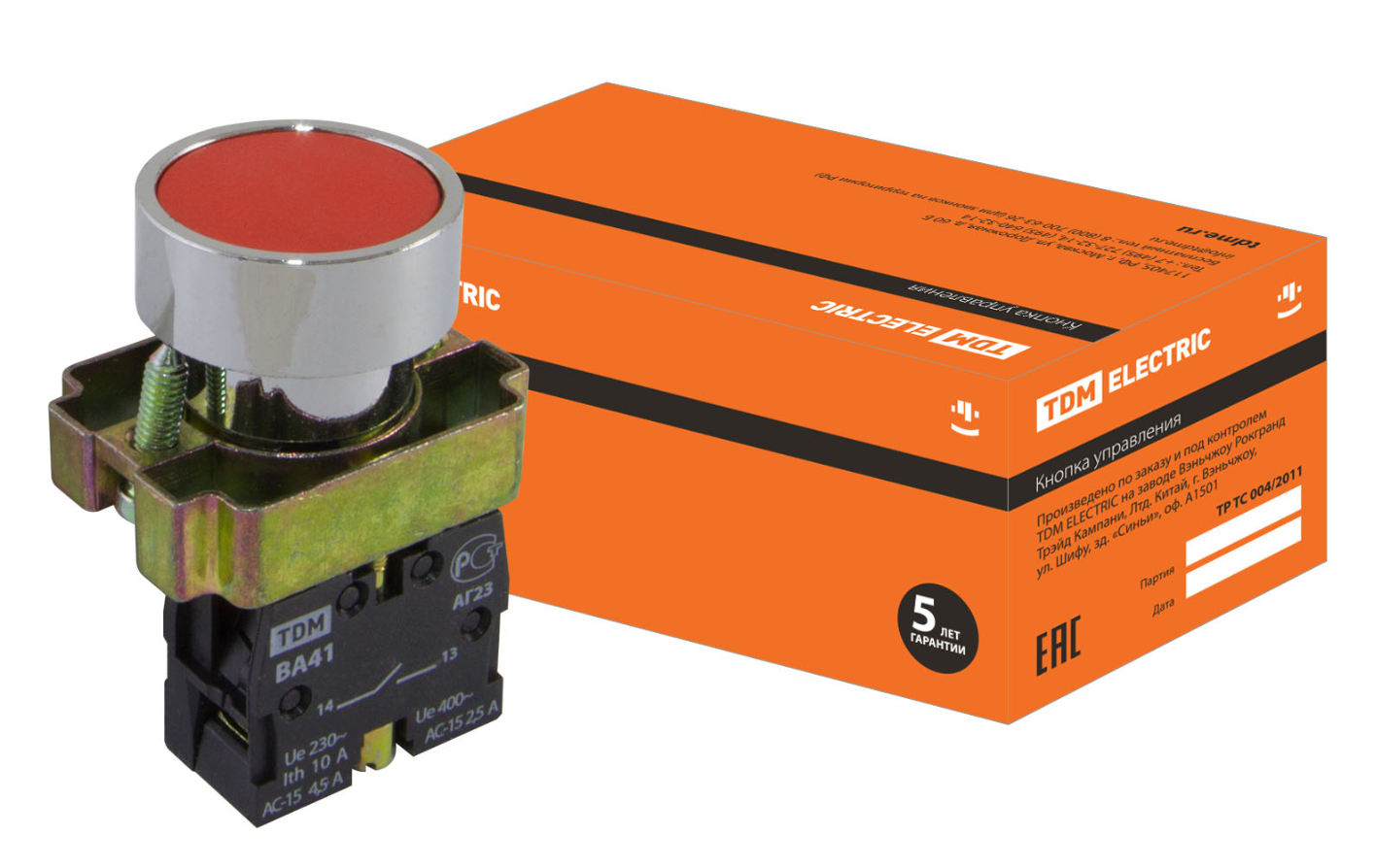 Кнопка TDM SB2-BА41 с возвратом, 1НО, d22 мм, красная, IP40