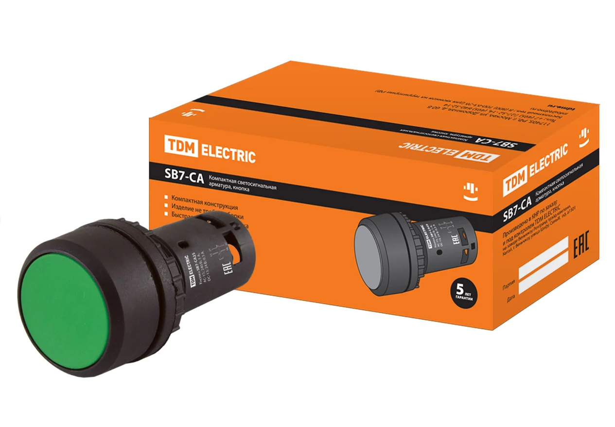 Кнопка TDM SB7-CA35 с возвратом, 1НО+1НЗ, d22 мм, зеленая, IP54