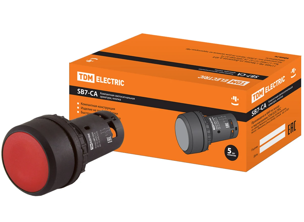 Кнопка TDM SB7-CA45 с возвратом, 1НО+1НЗ, d22 мм, красная, IP54