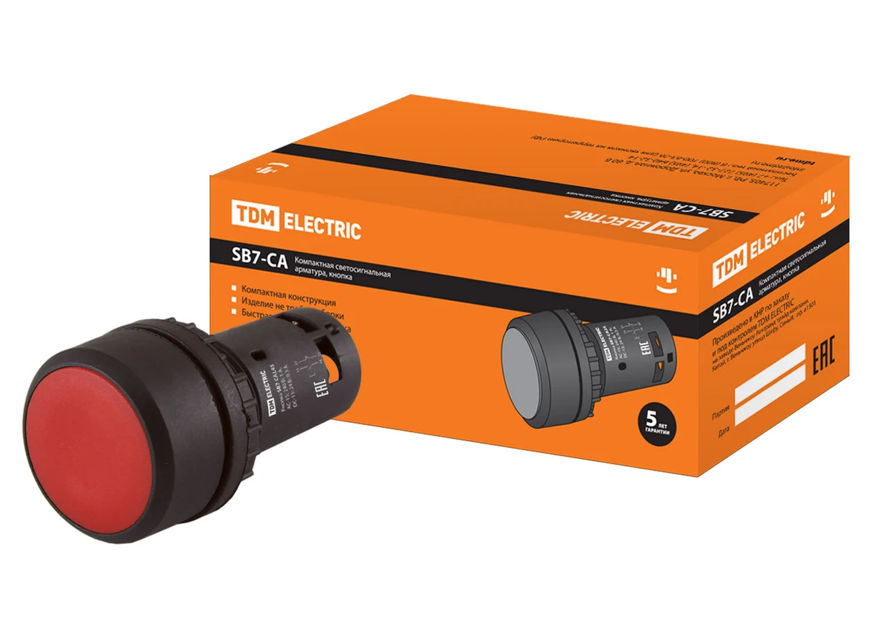 Кнопка TDM SB7-CAL45 с фиксацией, 1НО+1НЗ, d22 мм, красная, IP54