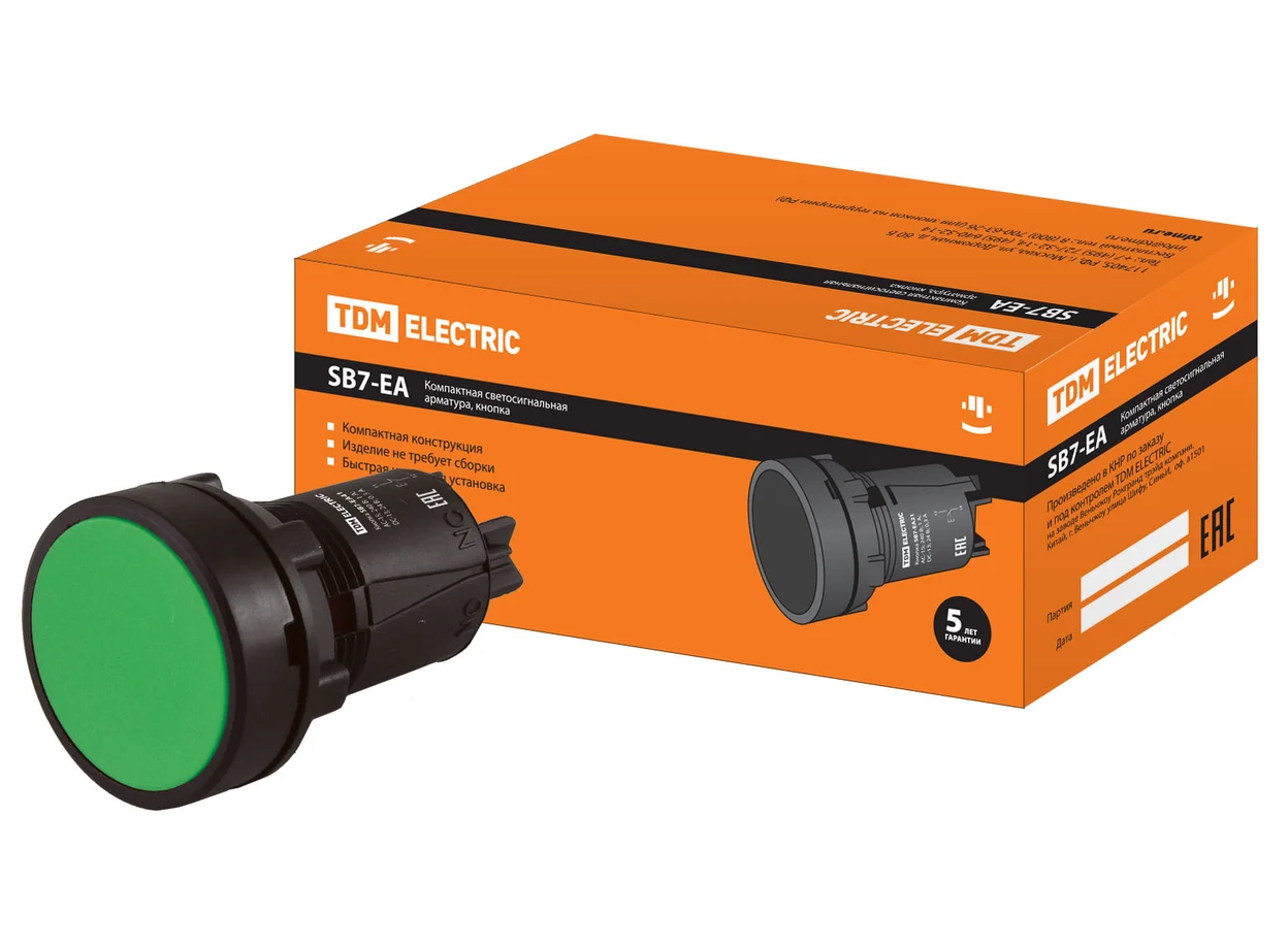 Кнопка TDM SB7-EA31 с возвратом, 1НО, d22 мм, зеленая, IP40